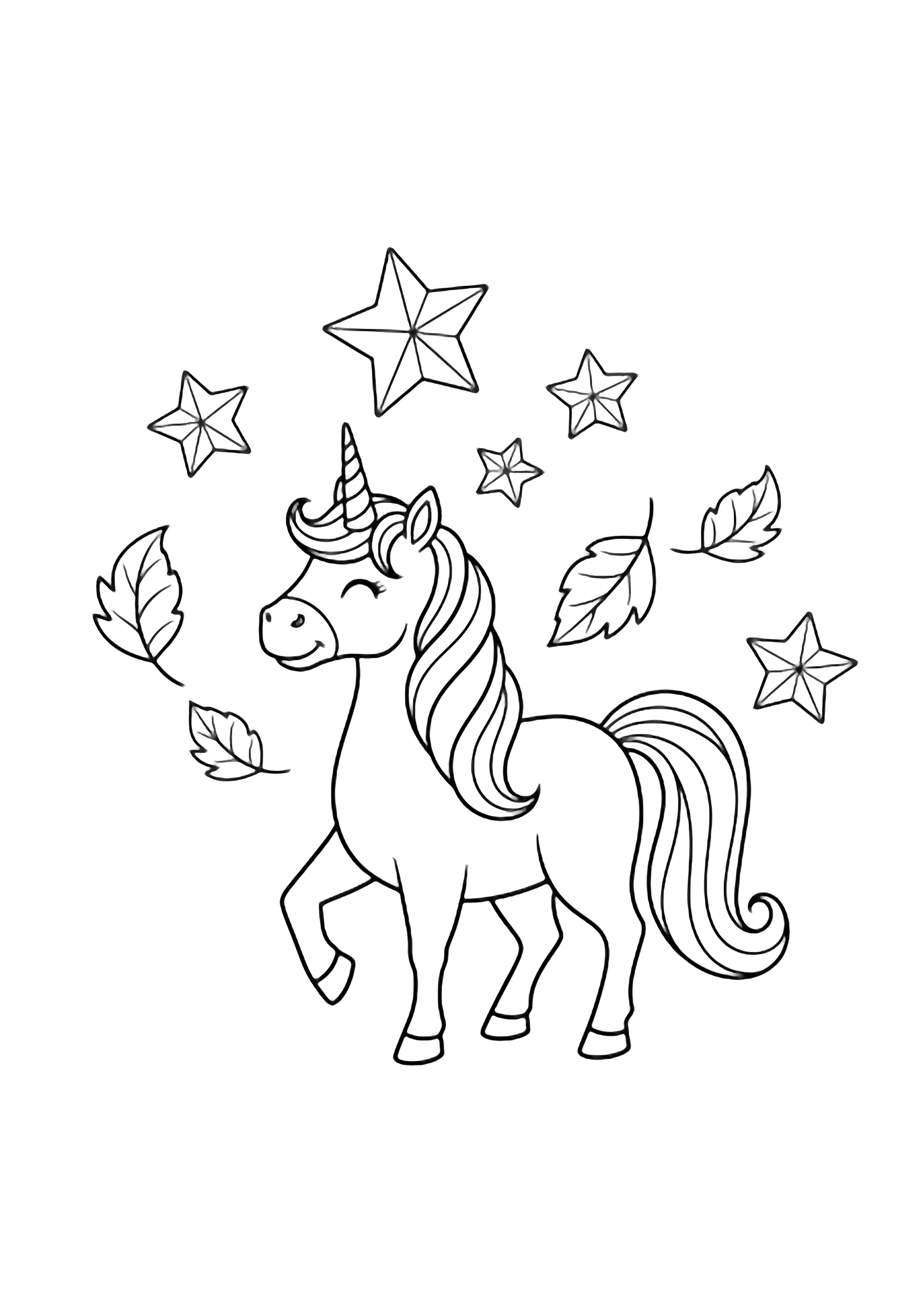 A smiling unicorn with flowing mane and tail, surrounded by drifting five-point stars and gently curled leaves. kleurplaat