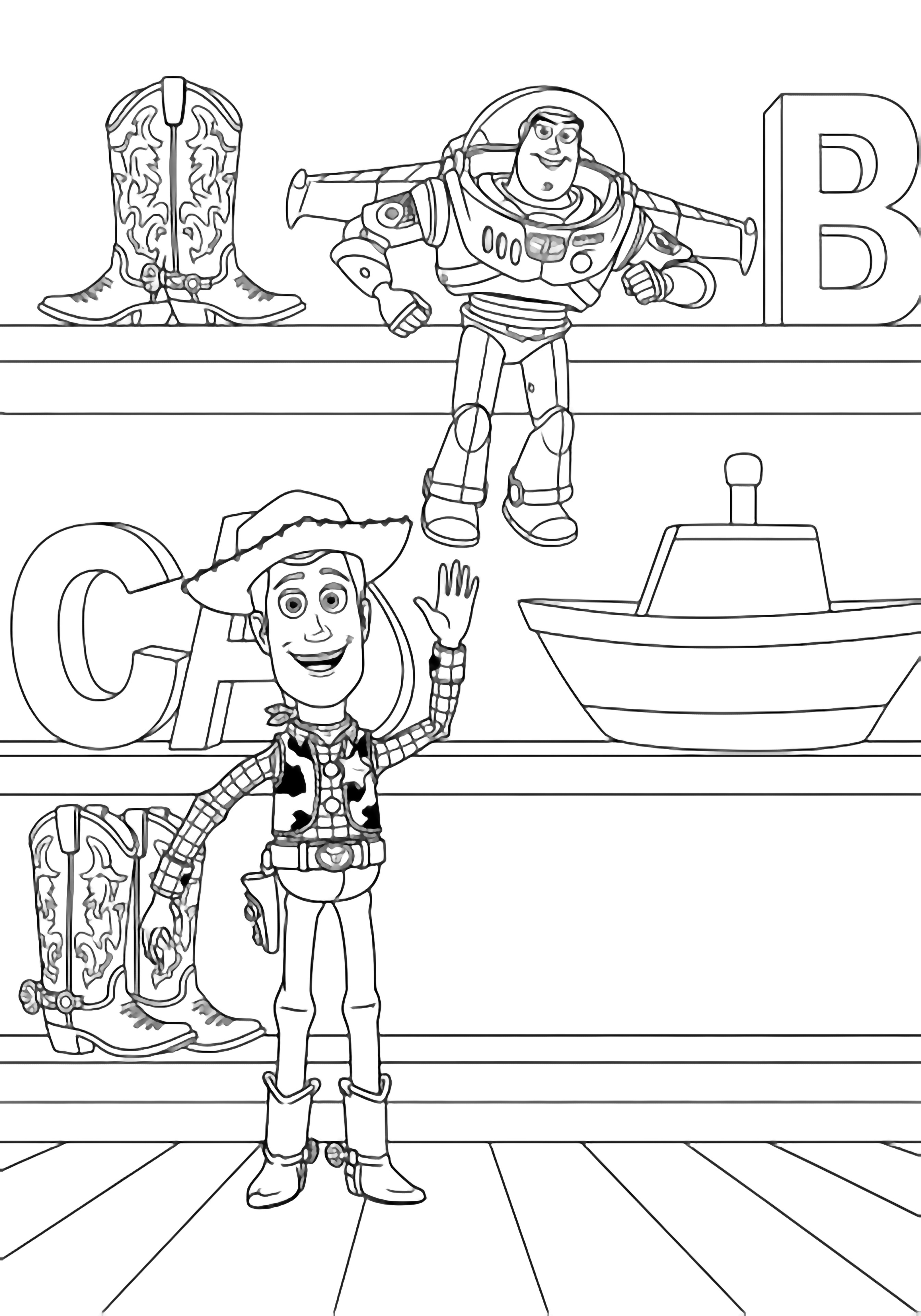 Woody waves from the floor while Buzz hovers mid-air; simple shelves behind hold boots, hollow letters, and a toy boat. kleurplaat
