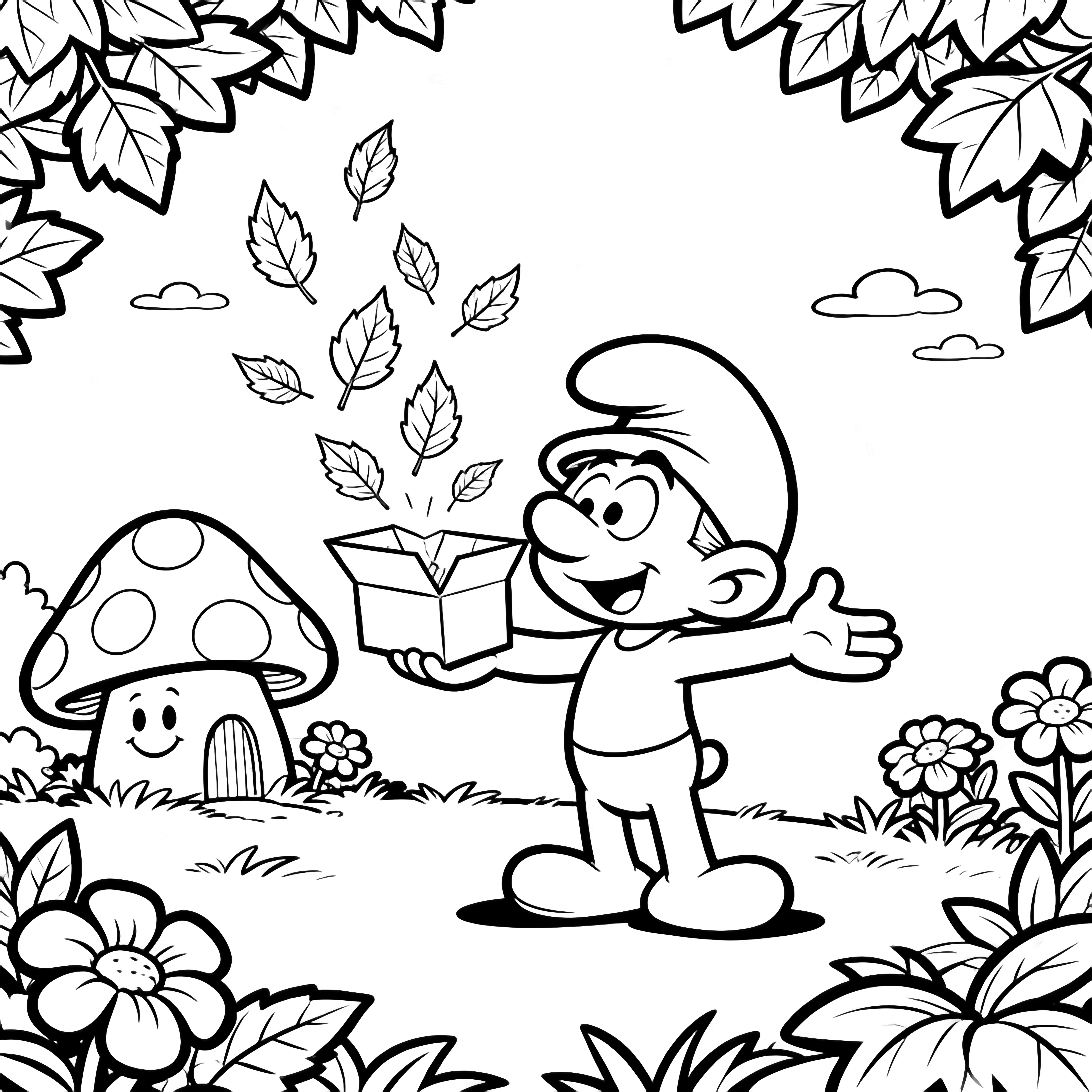 Jokey Smurf stands arms wide, offering an open box releasing drifting leaf shapes; mushroom house, smiling flowers, tiny clouds surround him. kleurplaat