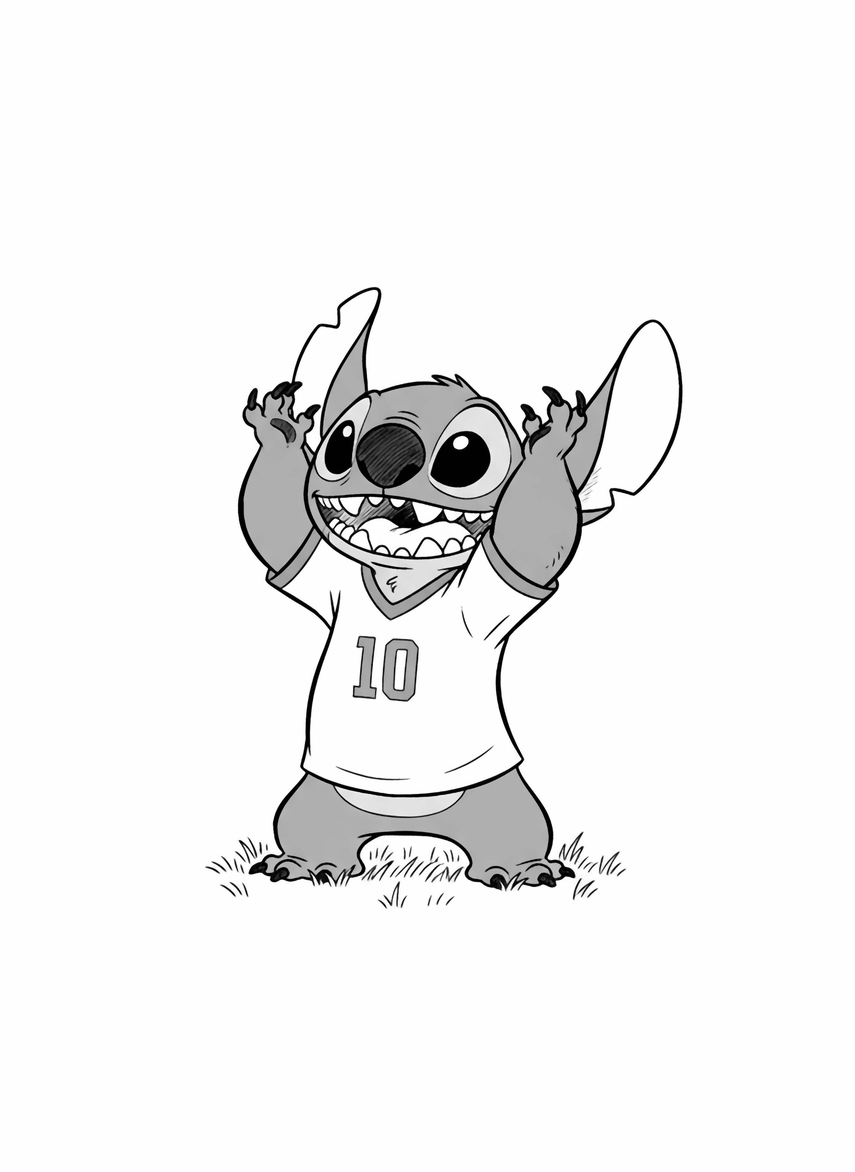 A black and white illustration of adorable Stitch wearing a Brazilian soccer jersey with the number 10 on the front He's standing on a grassy field with his arms raised high above his head enthusiastically clapping his hands together with pure joy His big ears are perked up excitedly and his wide smile shows all his clean black and white line drawing minimal shading no colour no fill kleurplaat