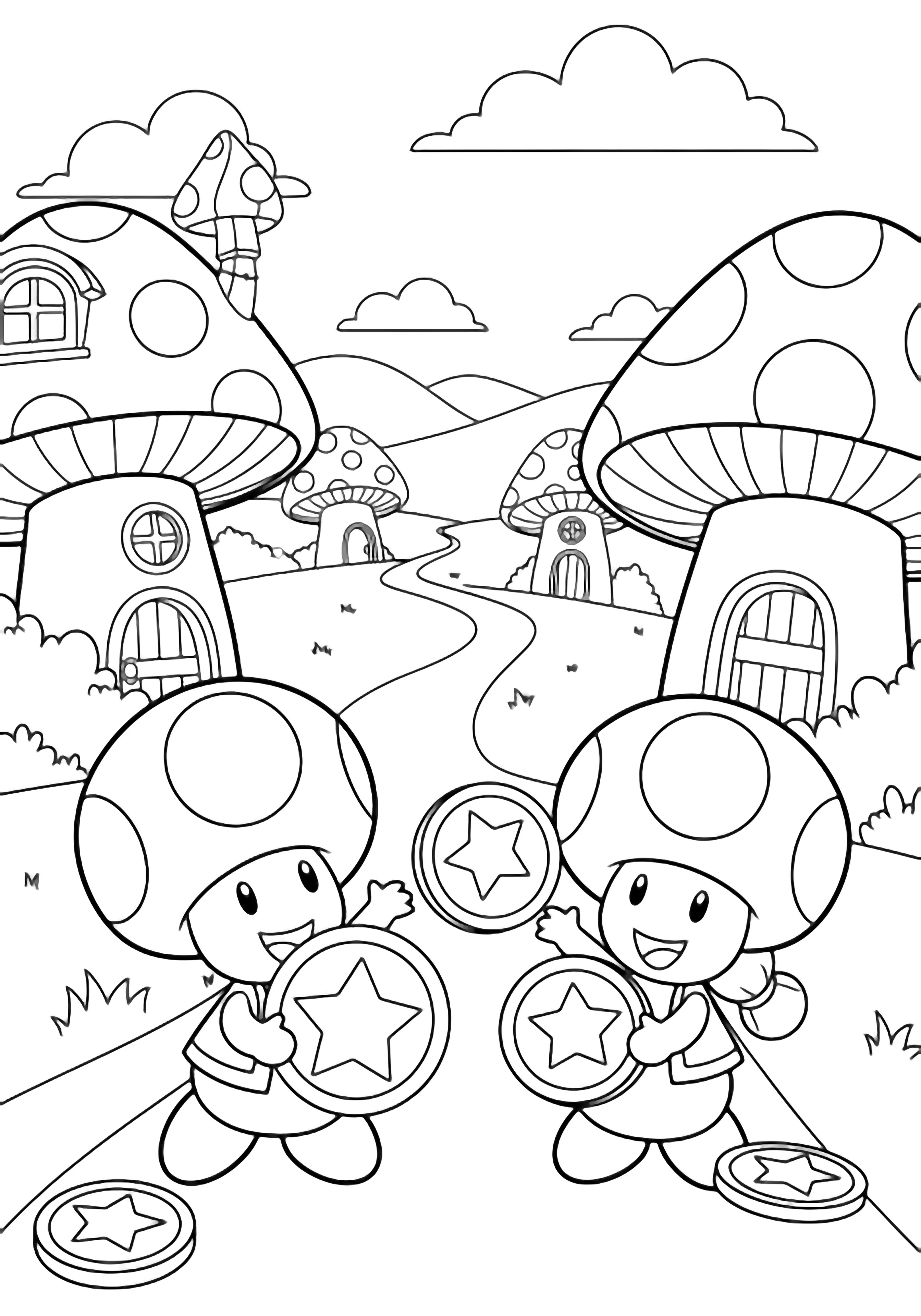 Toad and Toadette smile while collecting large star coins along a winding path between tall mushroom houses, with simple hills and floating clouds around them. kleurplaat