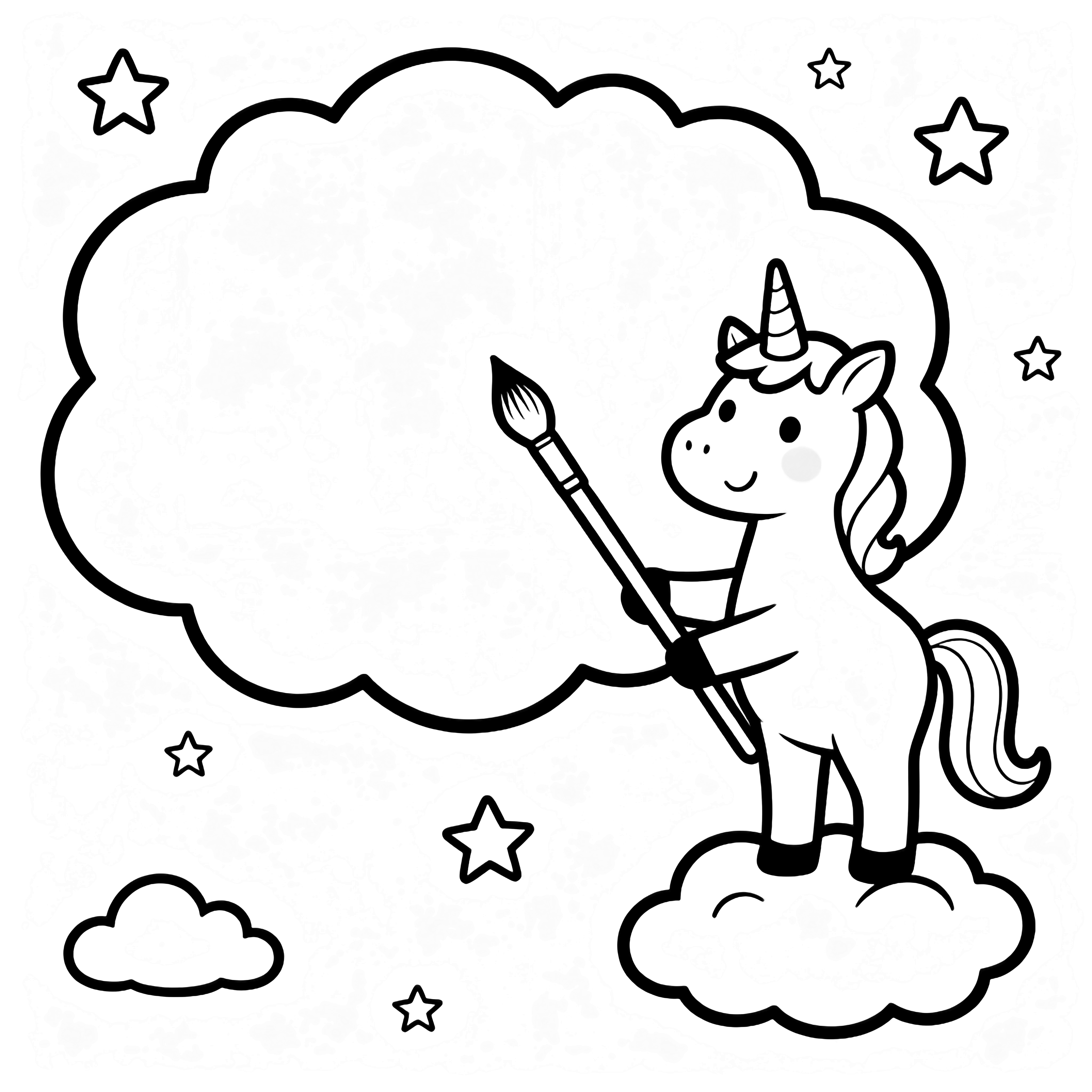 A smiling unicorn on a small cloud paints a big blank cloud, surrounded by simple stars and tiny clouds. kleurplaat