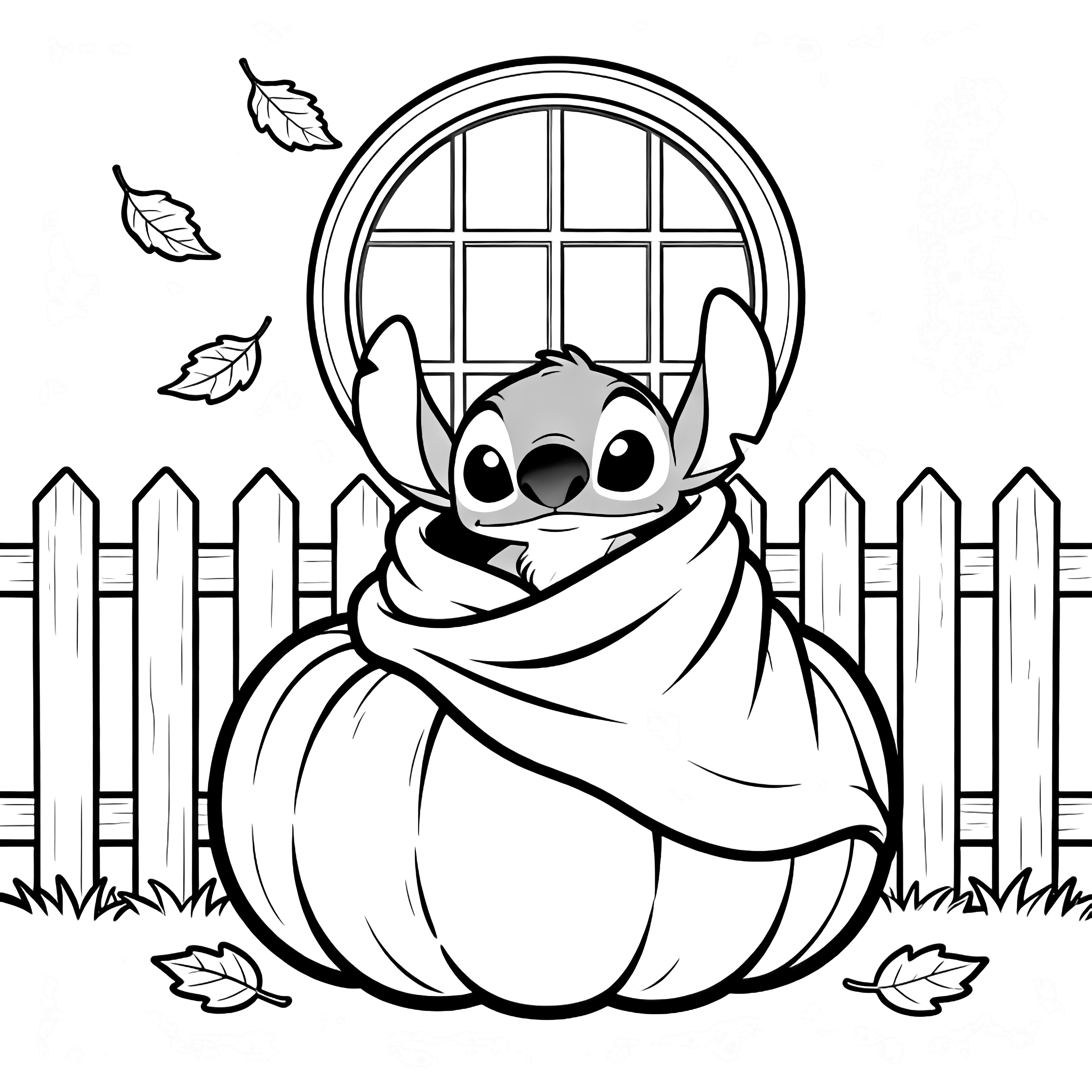 Stitch curled inside a giant pumpkin blanket, peeking through a round window; simple leaves drift past a picket fence. kleurplaat
