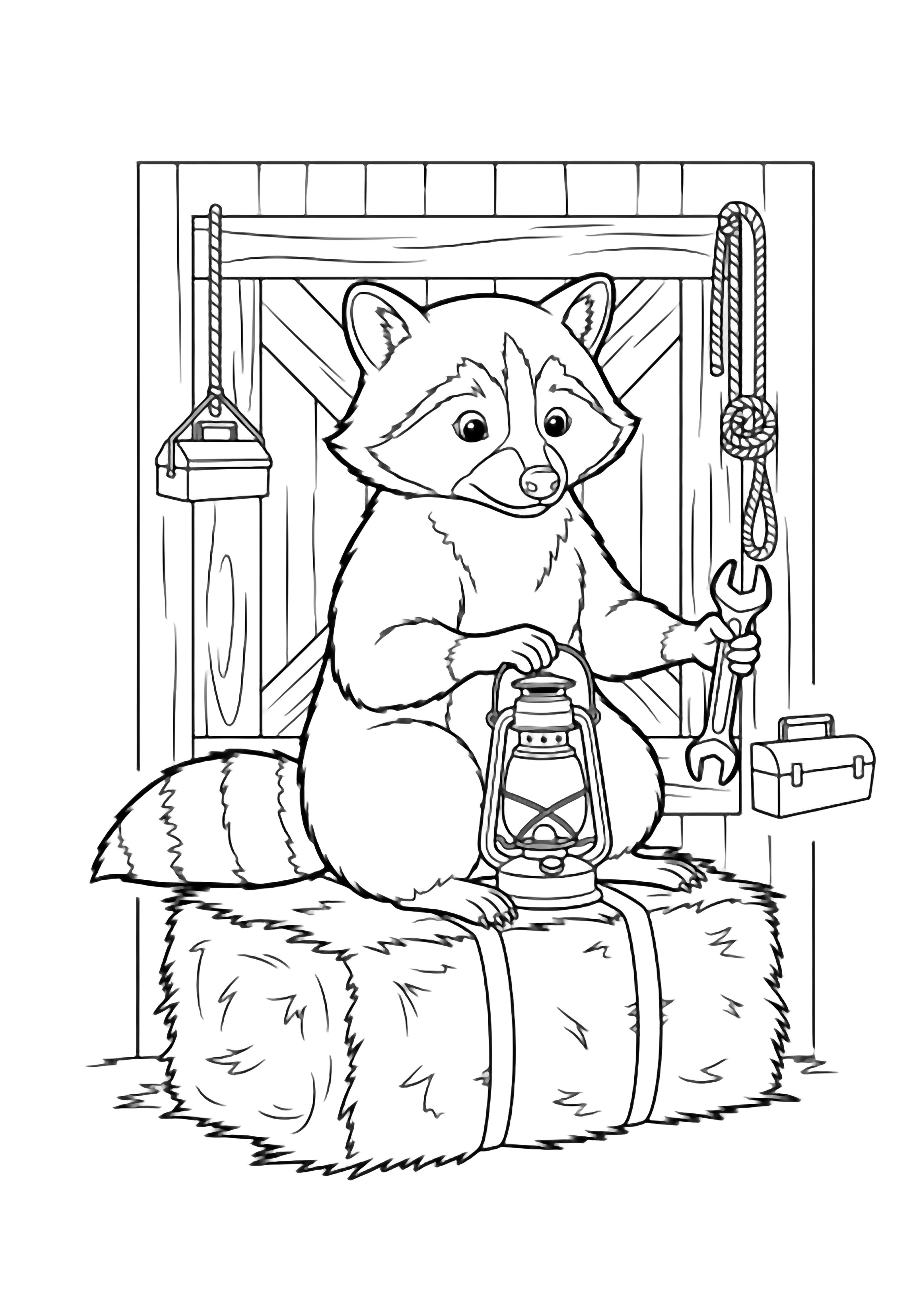 Rocky the raccoon sits on a hay bale, gently holding a wrench to a lantern on his lap; behind him, a barn wall, dangling rope, and tiny toolbox. kleurplaat