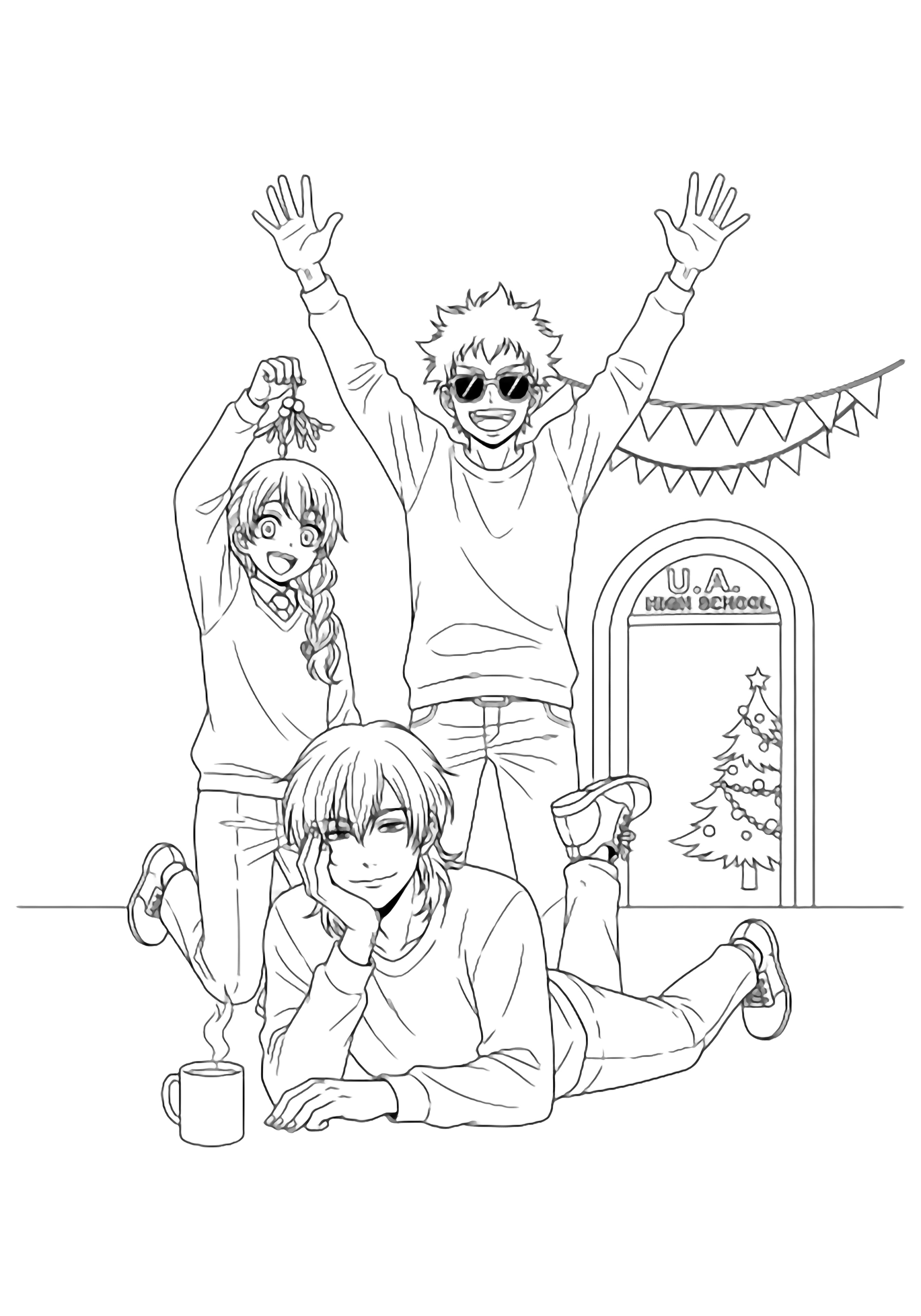 Aizawa lounges on the floor, Present Mic raises his hands like a DJ, and Midnight dangles mistletoe above them inside UA's doorway, tiny tree bunting overhead. kleurplaat