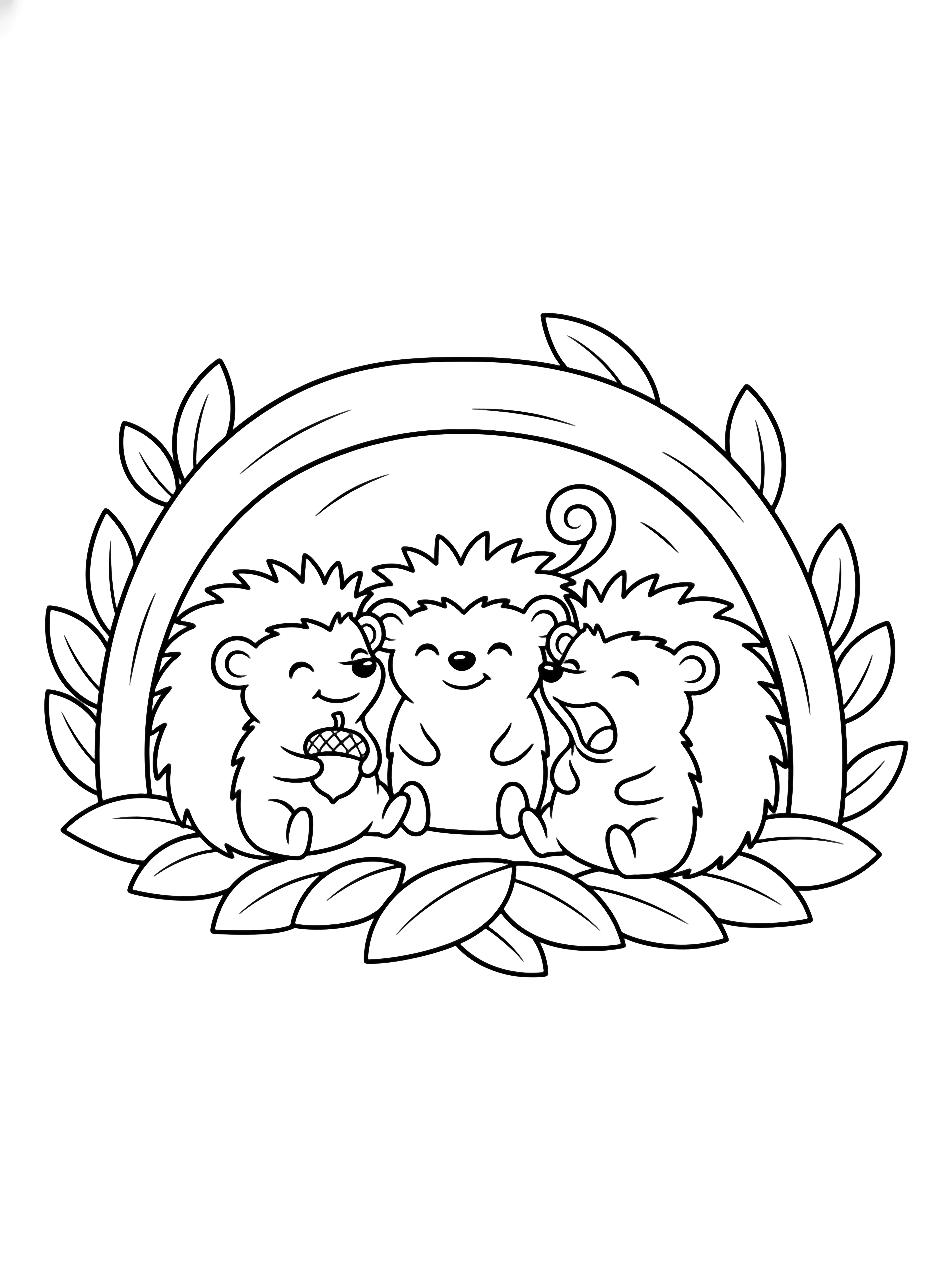 Three happy hedgehogs cuddle on leafy bedding inside a snug burrow; one clutches an acorn, another curls its tail, the third yawns while leaf shapes frame the round entrance. kleurplaat
