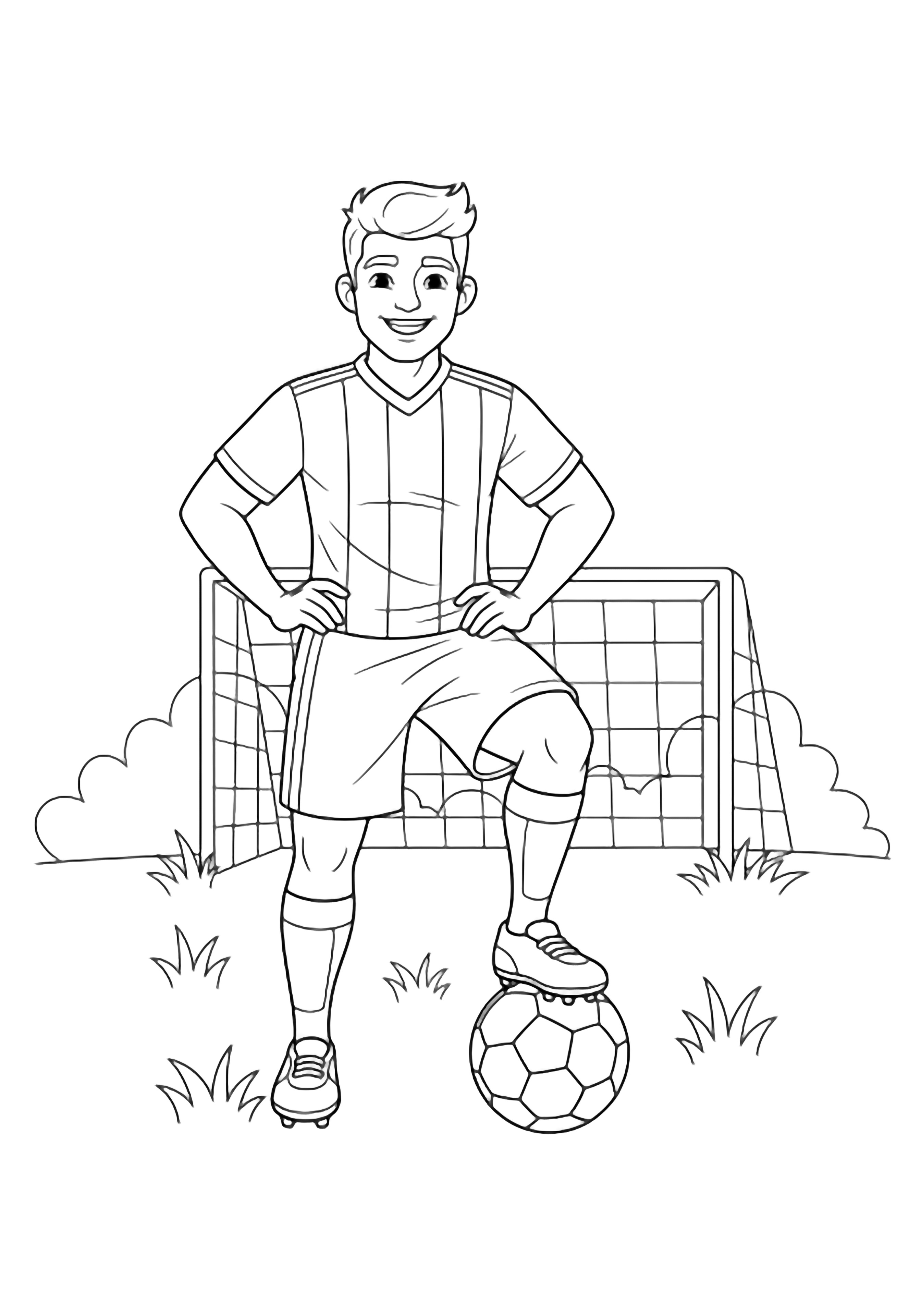 A smiling soccer player stands with one foot on the ball, hands on hips, wearing a striped jersey, shorts, and cleats; grass lines and a goal behind him. kleurplaat