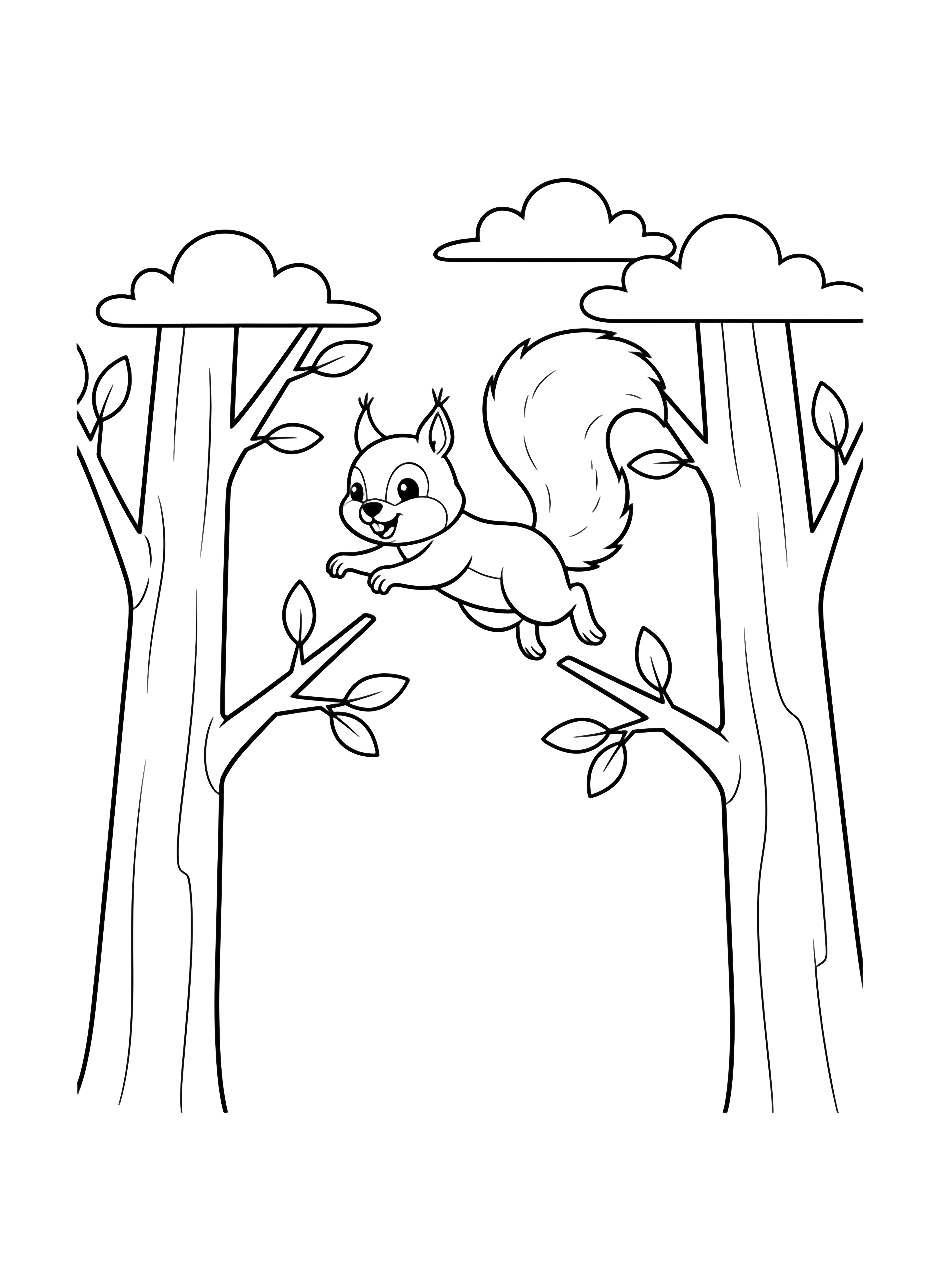 A joyful squirrel leaps between two trees, fluffy tail streaming behind, paws reaching forward, framed by simple leaves and drifting clouds. kleurplaat