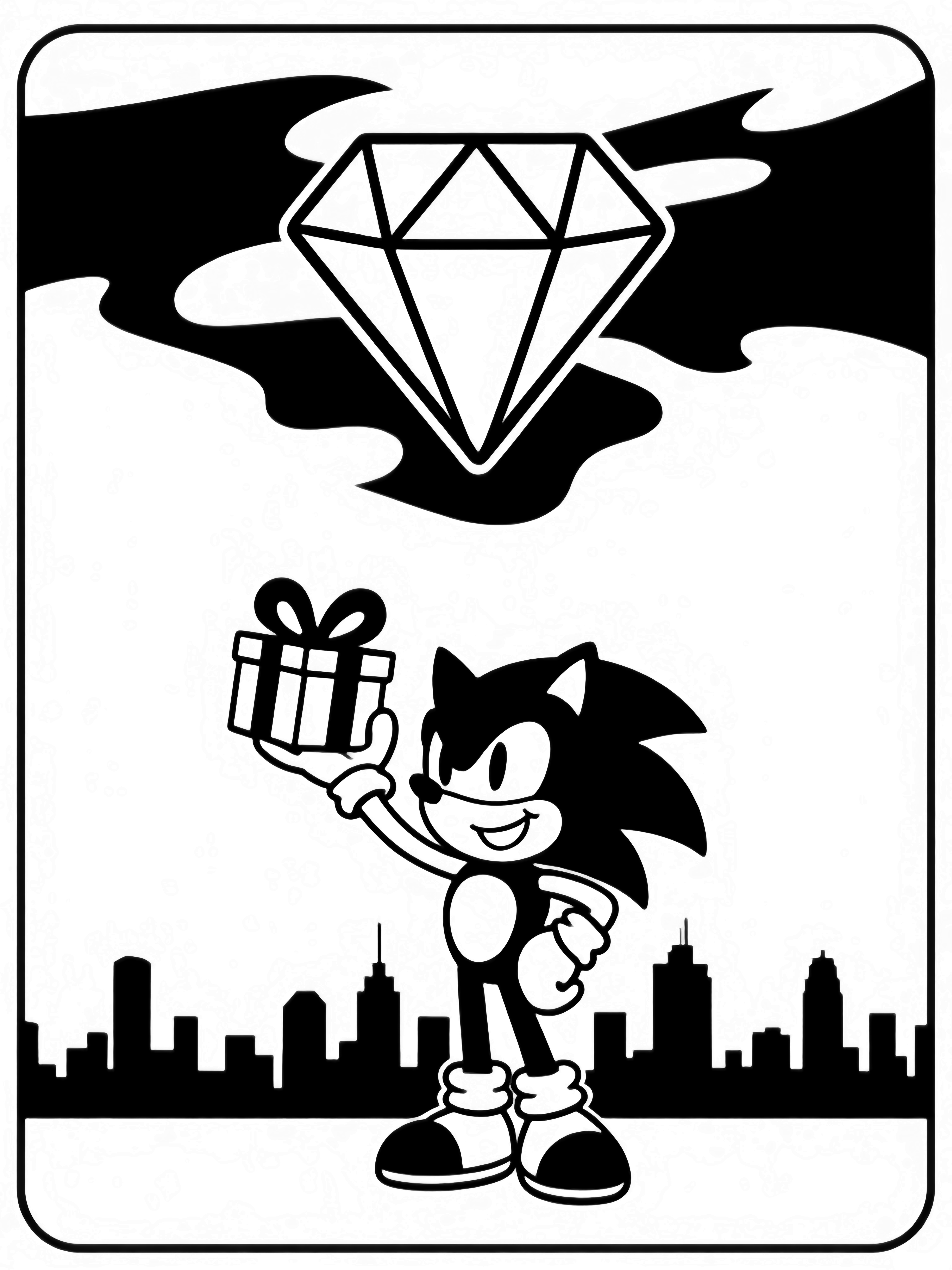 Shadow the Hedgehog grijnst terwijl hij een met een lint versierd cadeaudoosje omhoog houdt, terwijl boven een eenvoudige stadshemel een reusachtige Chaos Emerald zweeft. kleurplaat