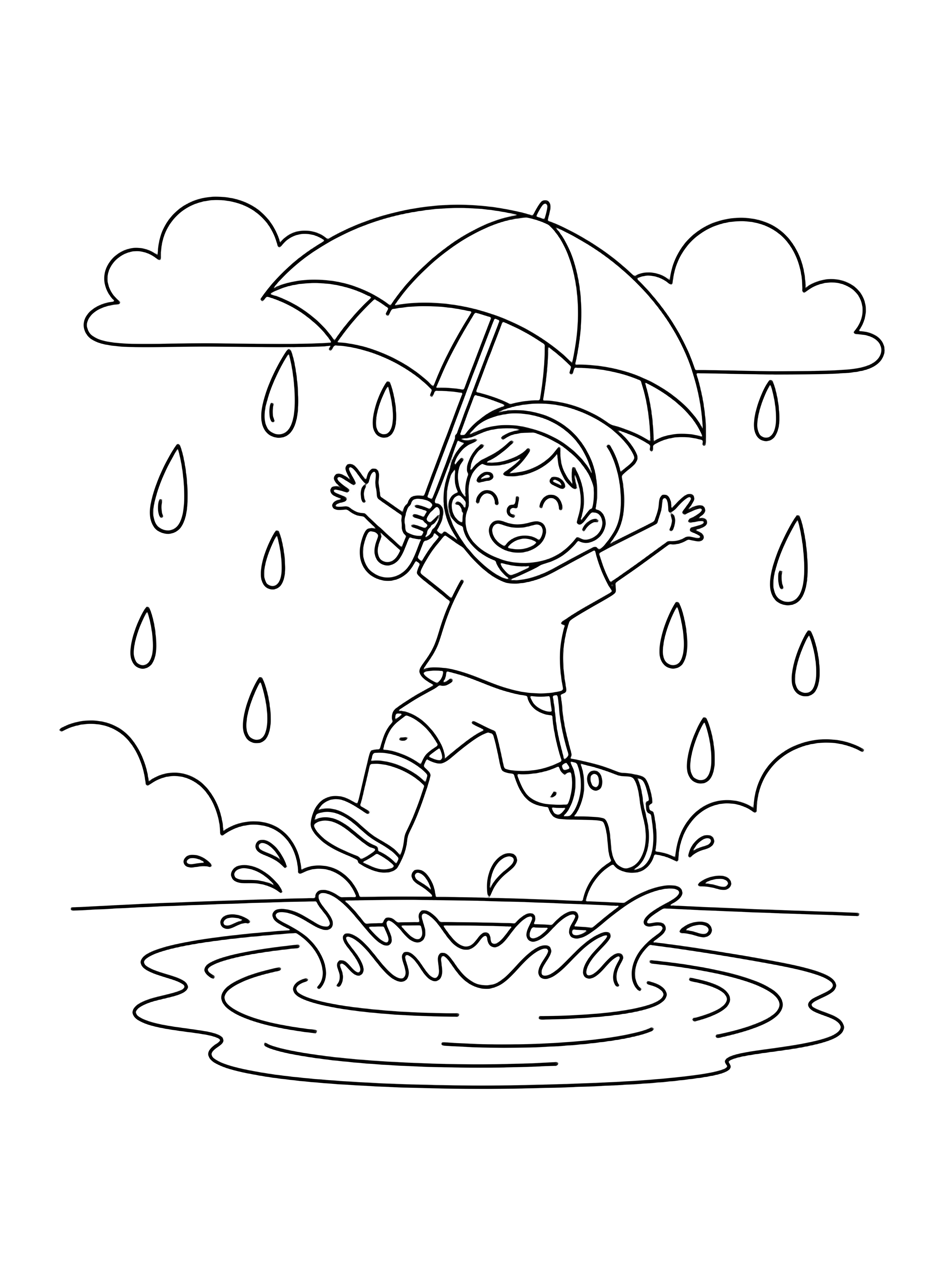 A joyful child leaps in rain boots, arms wide, umbrella overhead, splashing a puddle beneath fluffy clouds and drifting raindrops. kleurplaat
