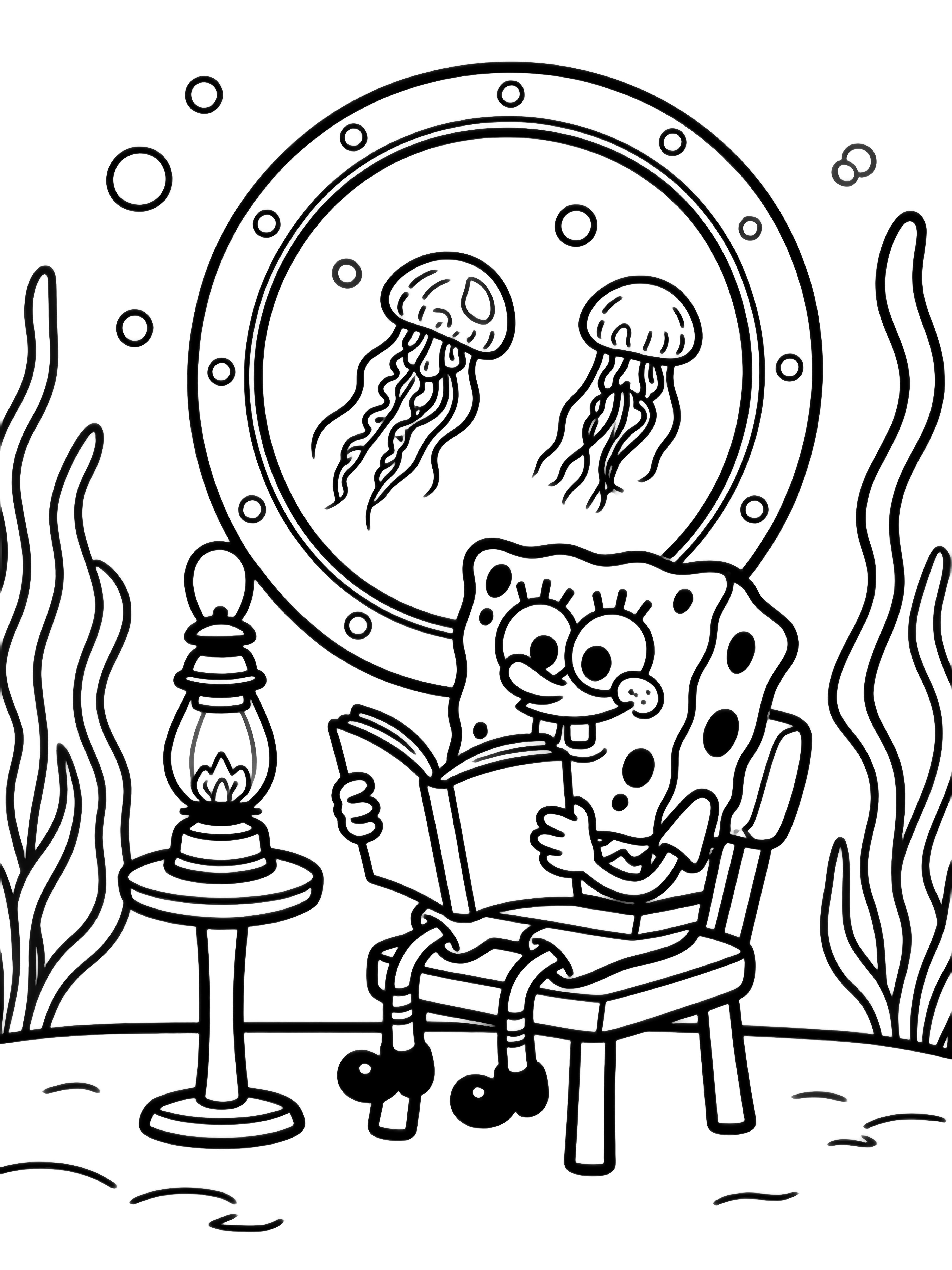 SpongeBob relaxes on a chair reading, a sea-lantern beside him, jellyfish drifting past a porthole, bubbly kelp surrounding the room. kleurplaat