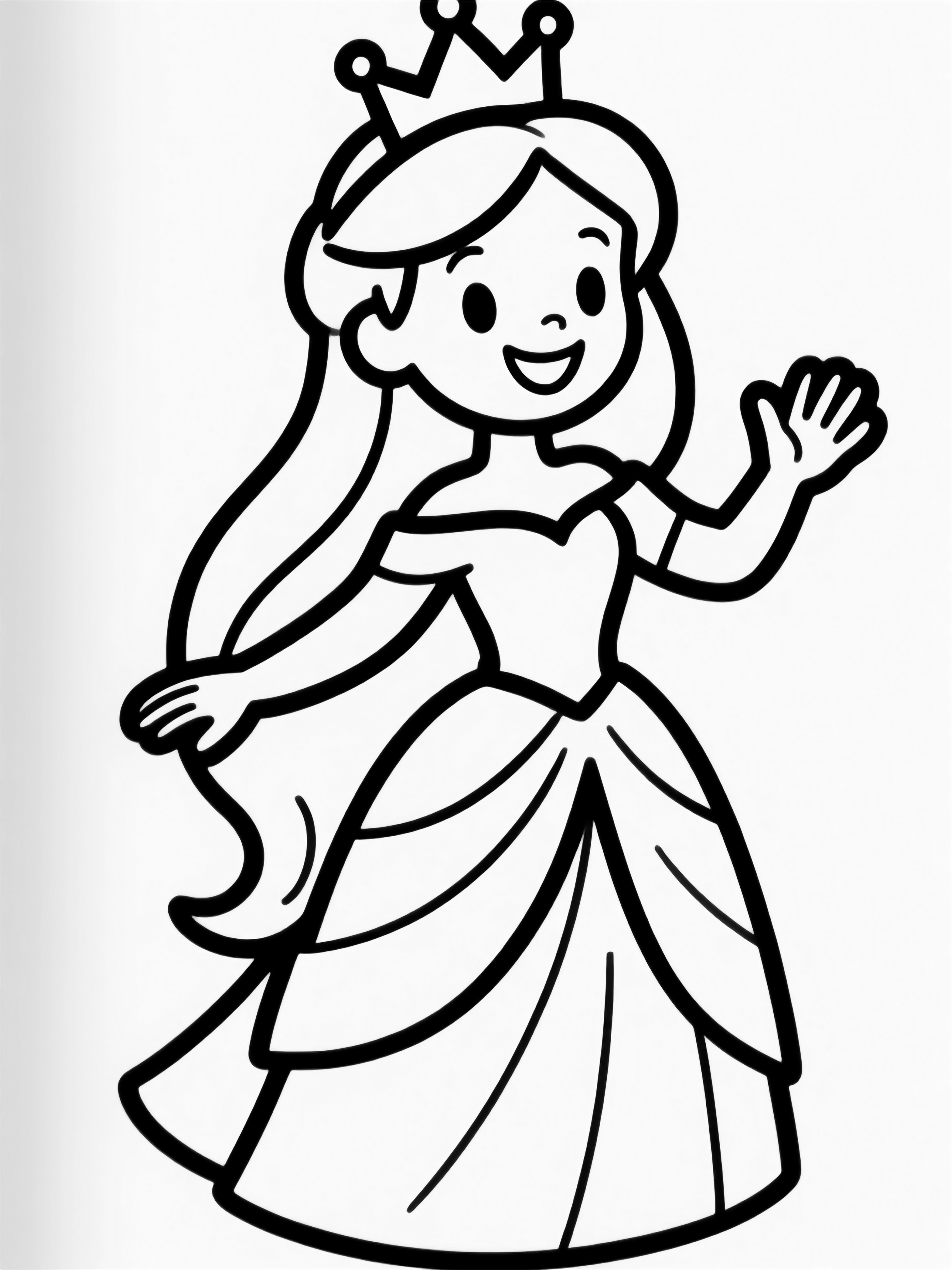 Smiling princess with crown and flowing gown waving cheerfully kleurplaat