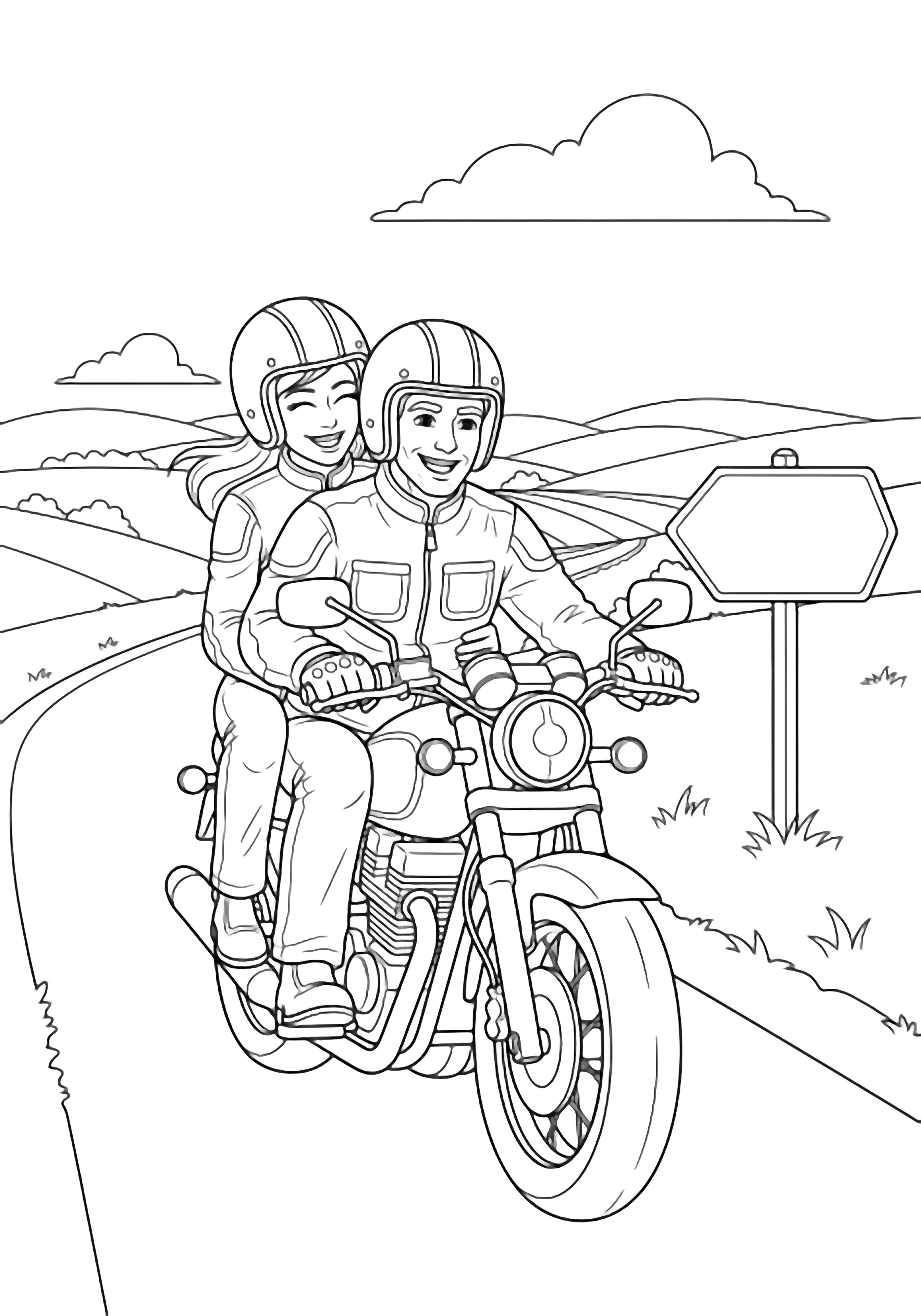 A smiling couple on a motorcycle cruise a winding country road past rolling hills, a cloud, and a road sign, both wearing helmets, jackets, and gloves. kleurplaat