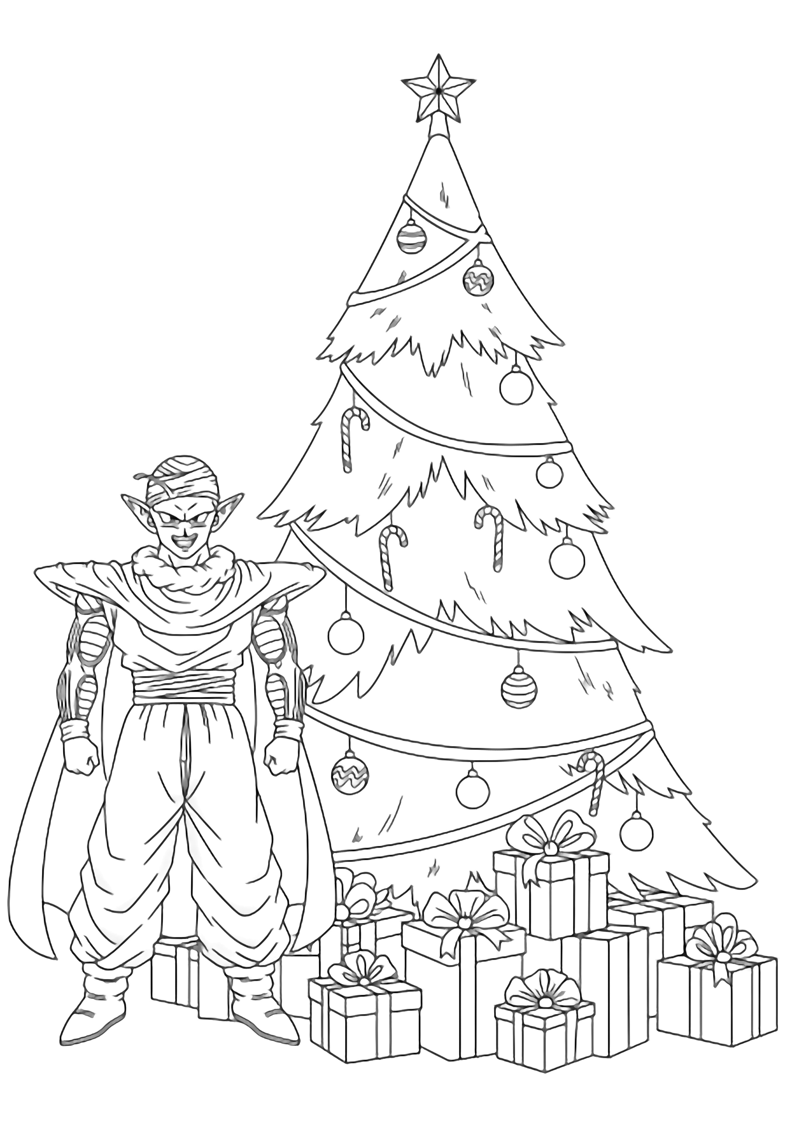 Piccolo smiles beside a tall Christmas tree with gifts, star topper, and ornaments. kleurplaat
