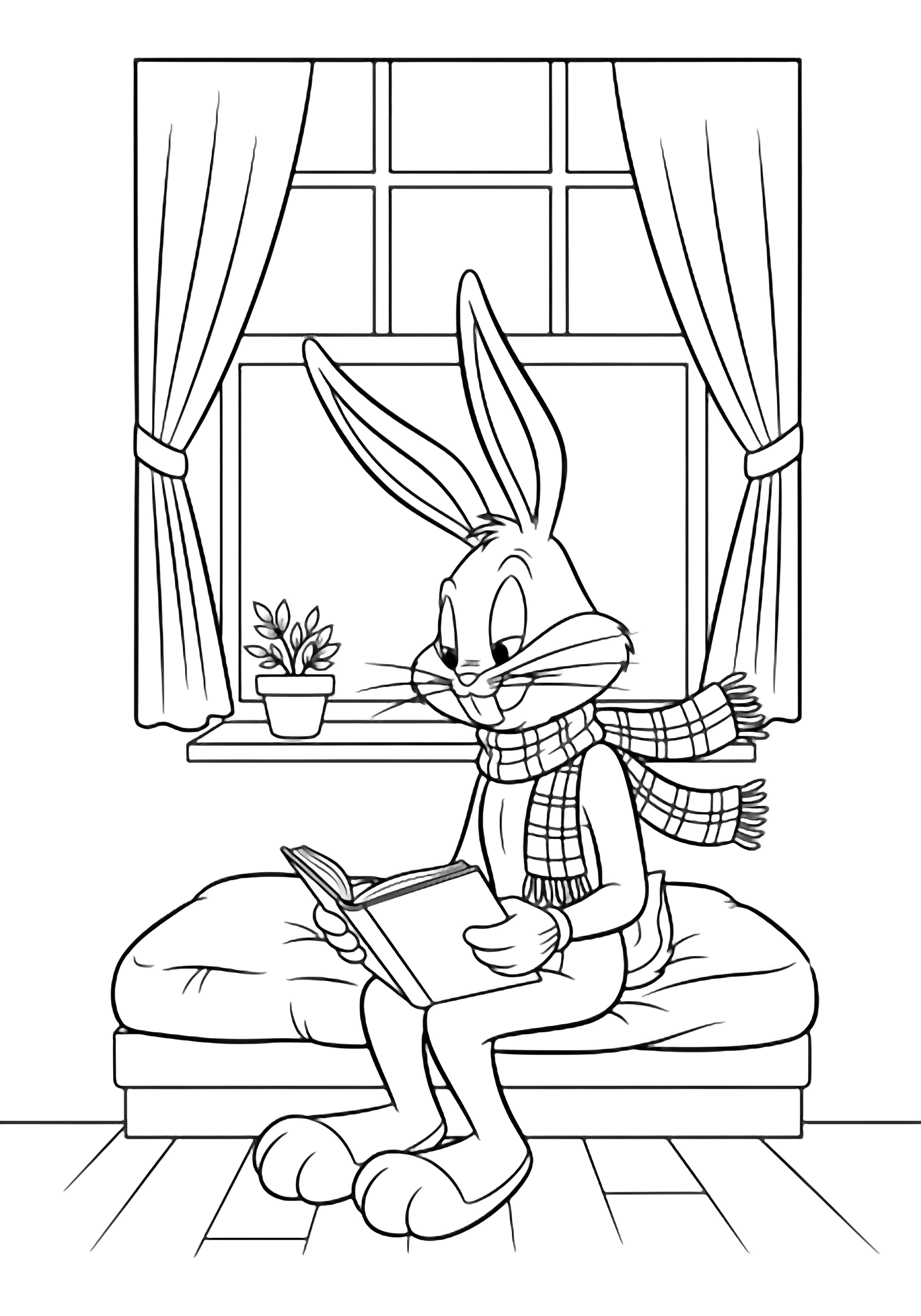 Bugs Bunny, bundled in a plaid scarf, reads a book on a cushioned window seat; tied-back curtains frame the six-pane window, a small plant pot on the sill, bare floorboards below. kleurplaat