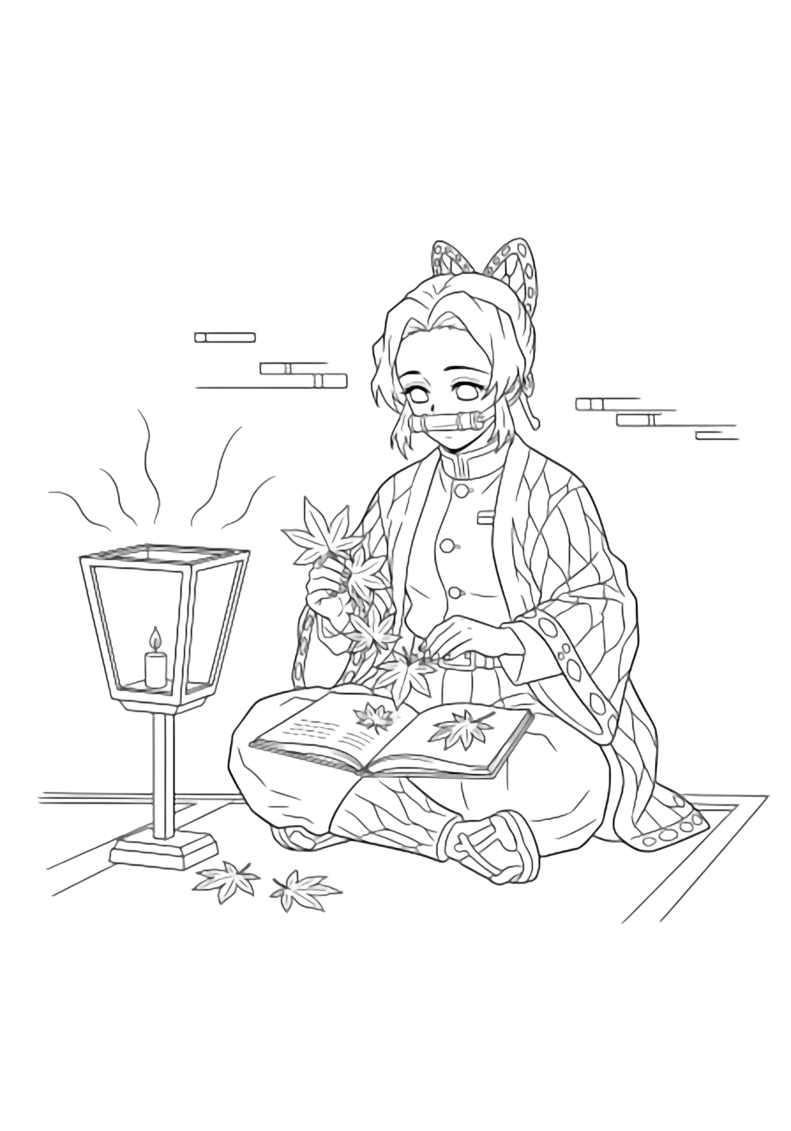 Shinobu sits cross-legged, tucking maple leaves into an open journal beside a lantern, gentle light swirls above minimal tatami lines. kleurplaat