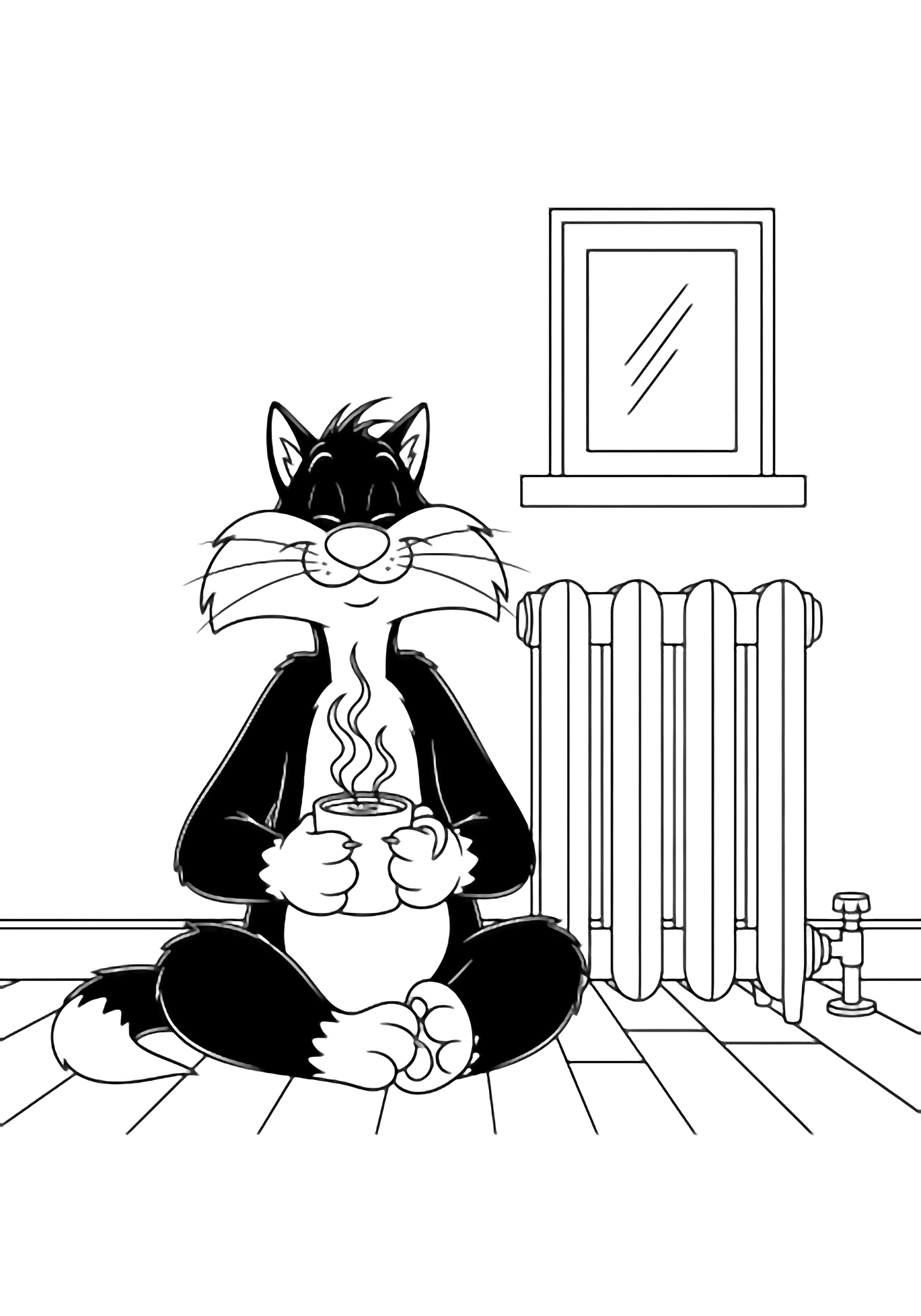 Sylvester the cat sits cross-legged beside a radiator, cradling a steaming mug, eyes closed in a peaceful smile; simple floorboards and a tiny window behind. kleurplaat