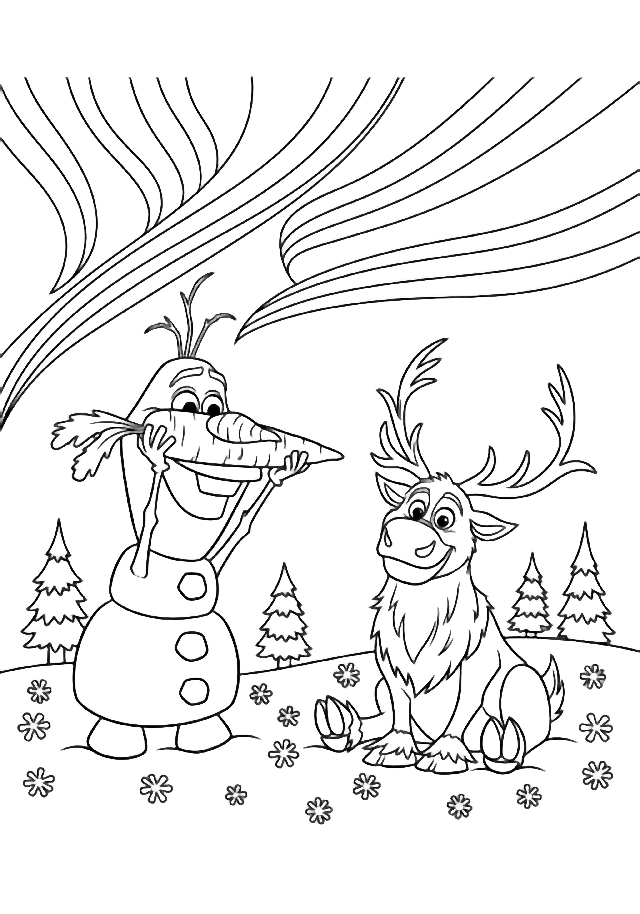 Olaf, smiling, lifts a big carrot toward seated Sven; snowflake-dusted ground, small pines, and flowing Northern Lights bands curve overhead. kleurplaat