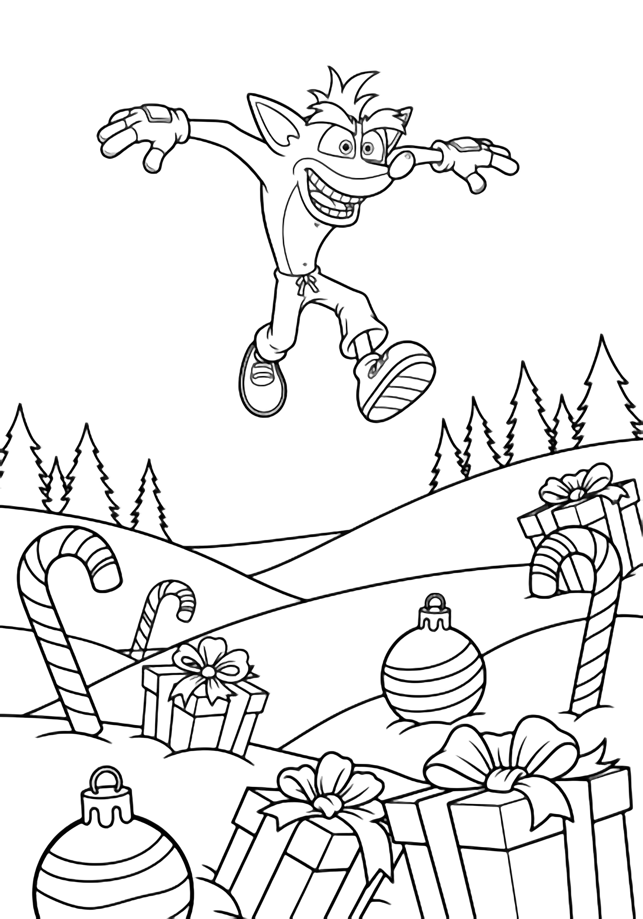 illustration on a Crash Bandicoot mid air jump above rolling hills of snow large candy cane outline baubles and ribbon tied gift boxes dotting ground; simple distant pine silhouettes bold outlines for easy clean black kleurplaat