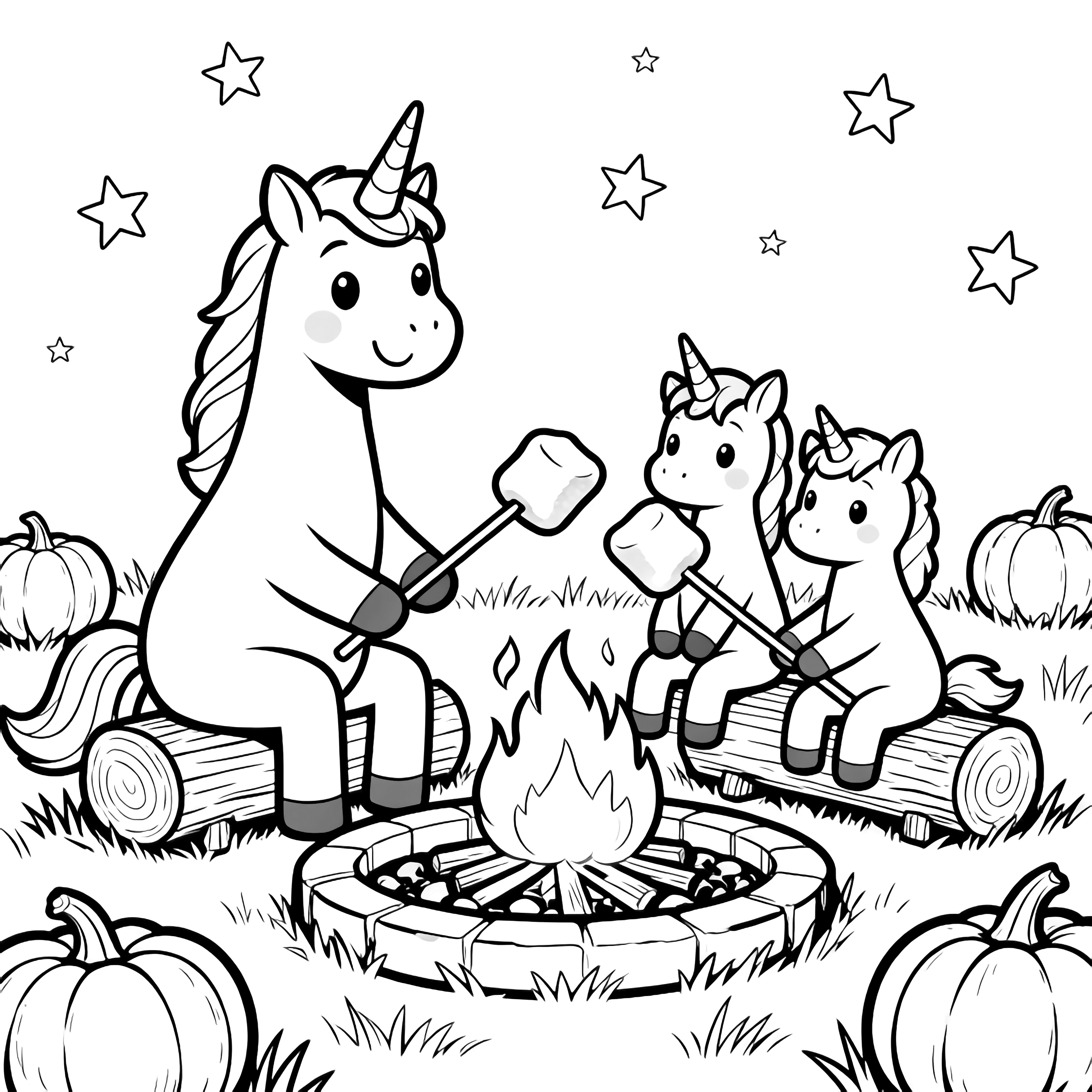 A smiling parent unicorn and two foals on log stools toast marshmallows over a firepit, pumpkins on the grass, stars overhead. kleurplaat