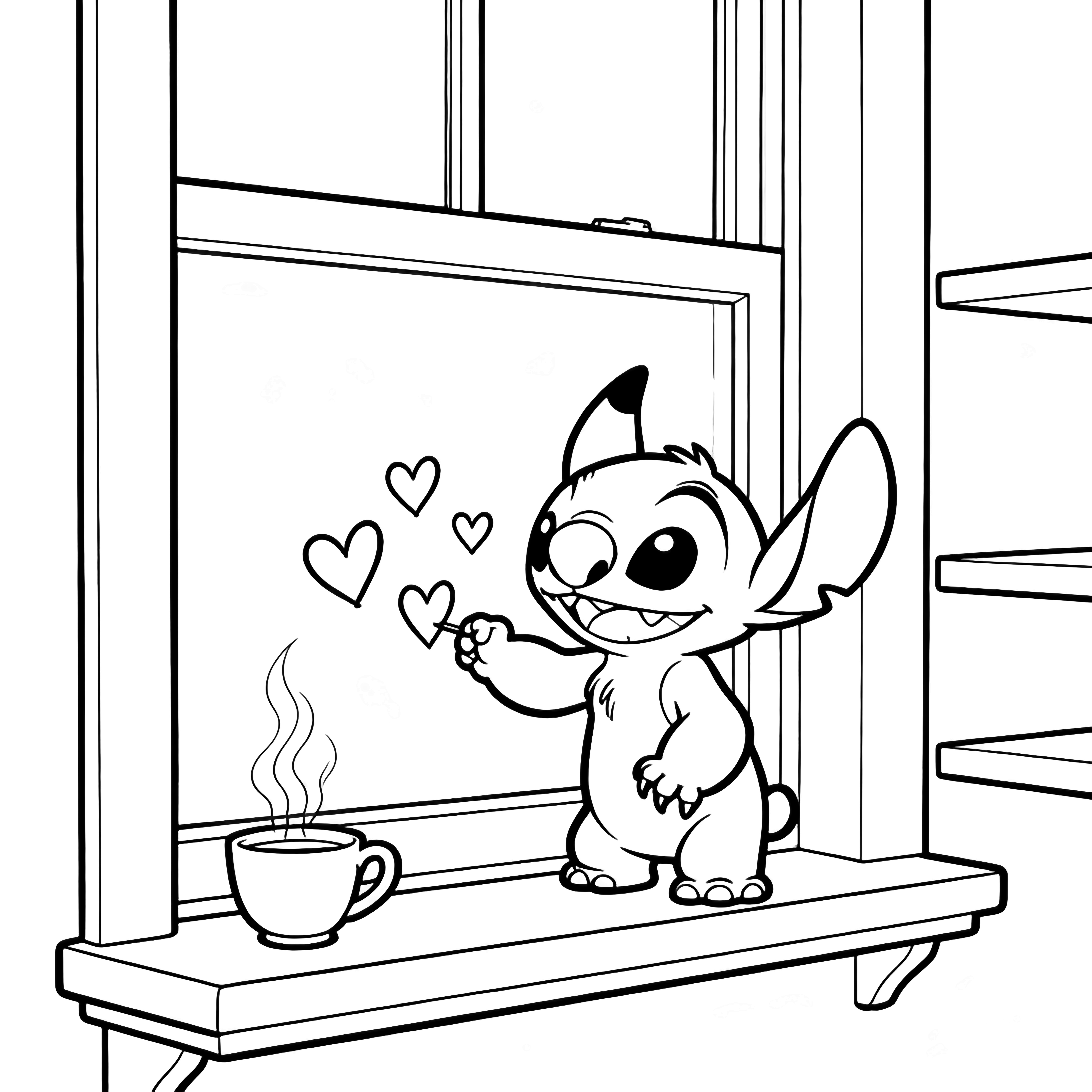 Stitch stands on a window sill, happily drawing little hearts on the fogged glass while a steaming teacup rests nearby, framed by plain window outlines and a few empty shelves. kleurplaat