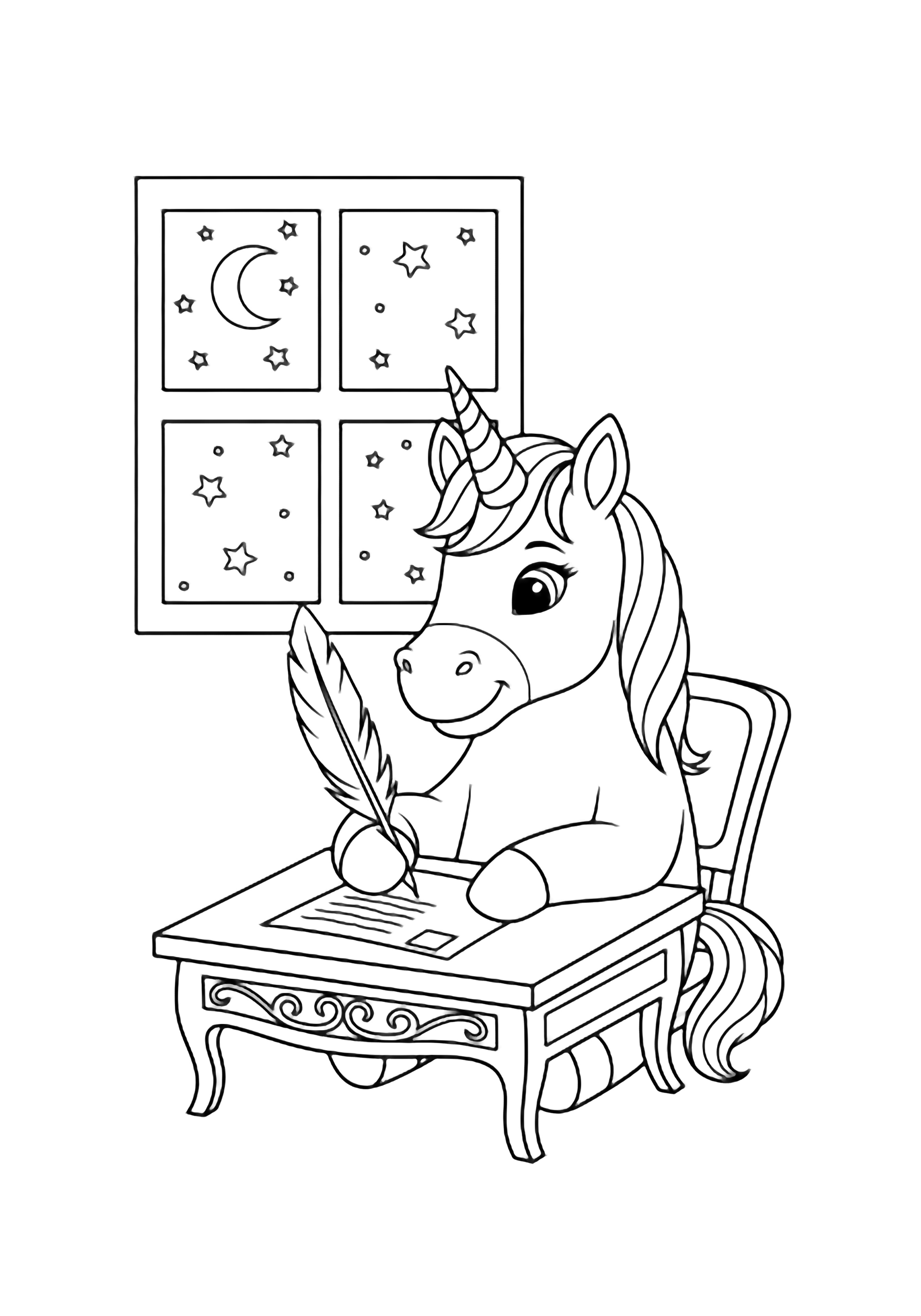 A smiling unicorn sits at a tiny desk, quill in hoof, writing a letter while stars and a crescent moon shine through a window behind. kleurplaat