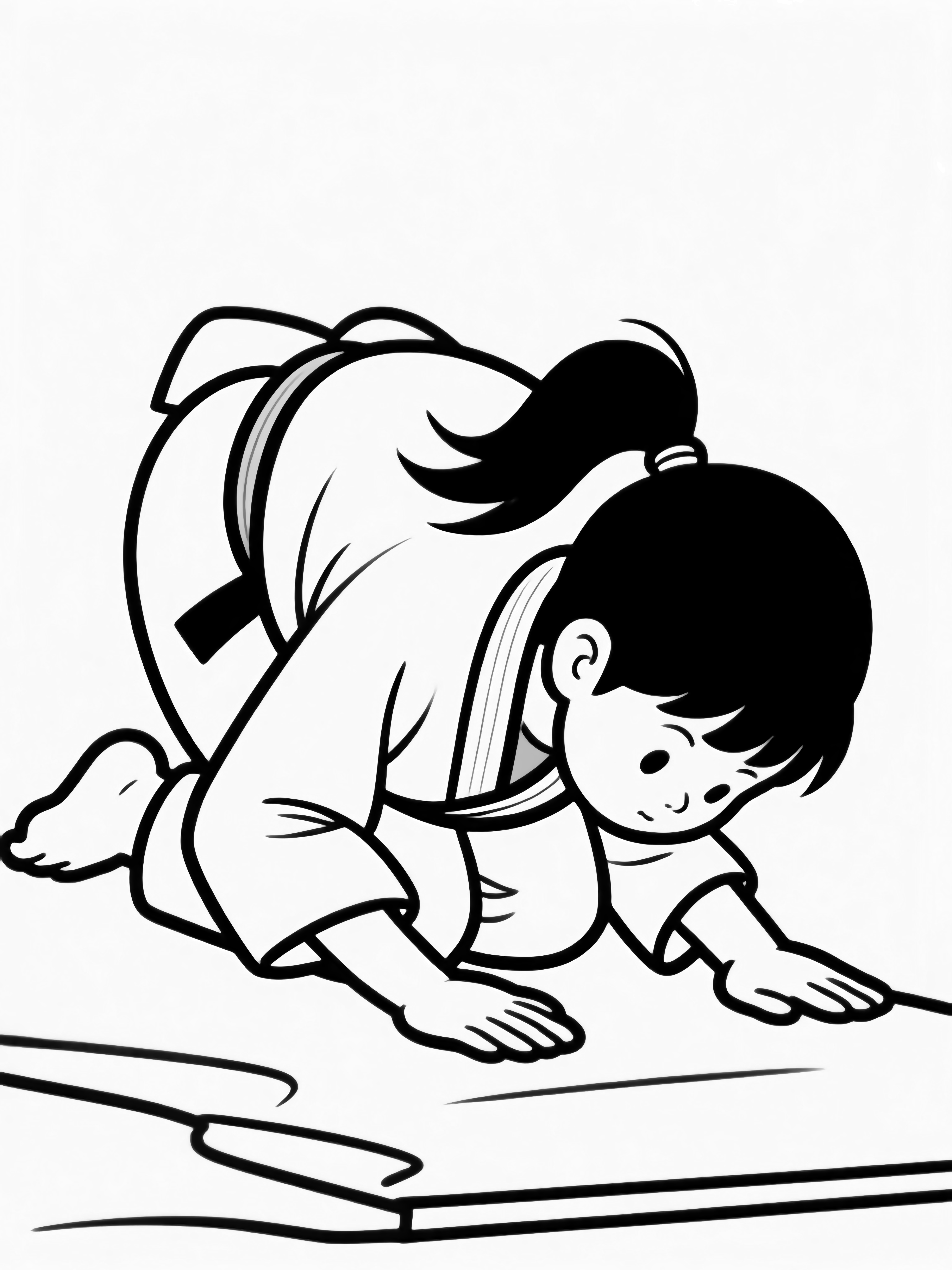 Young judoka with ponytail bowing at mat edge, knees bent, arms straight, ponytail flowing over gi belt kleurplaat