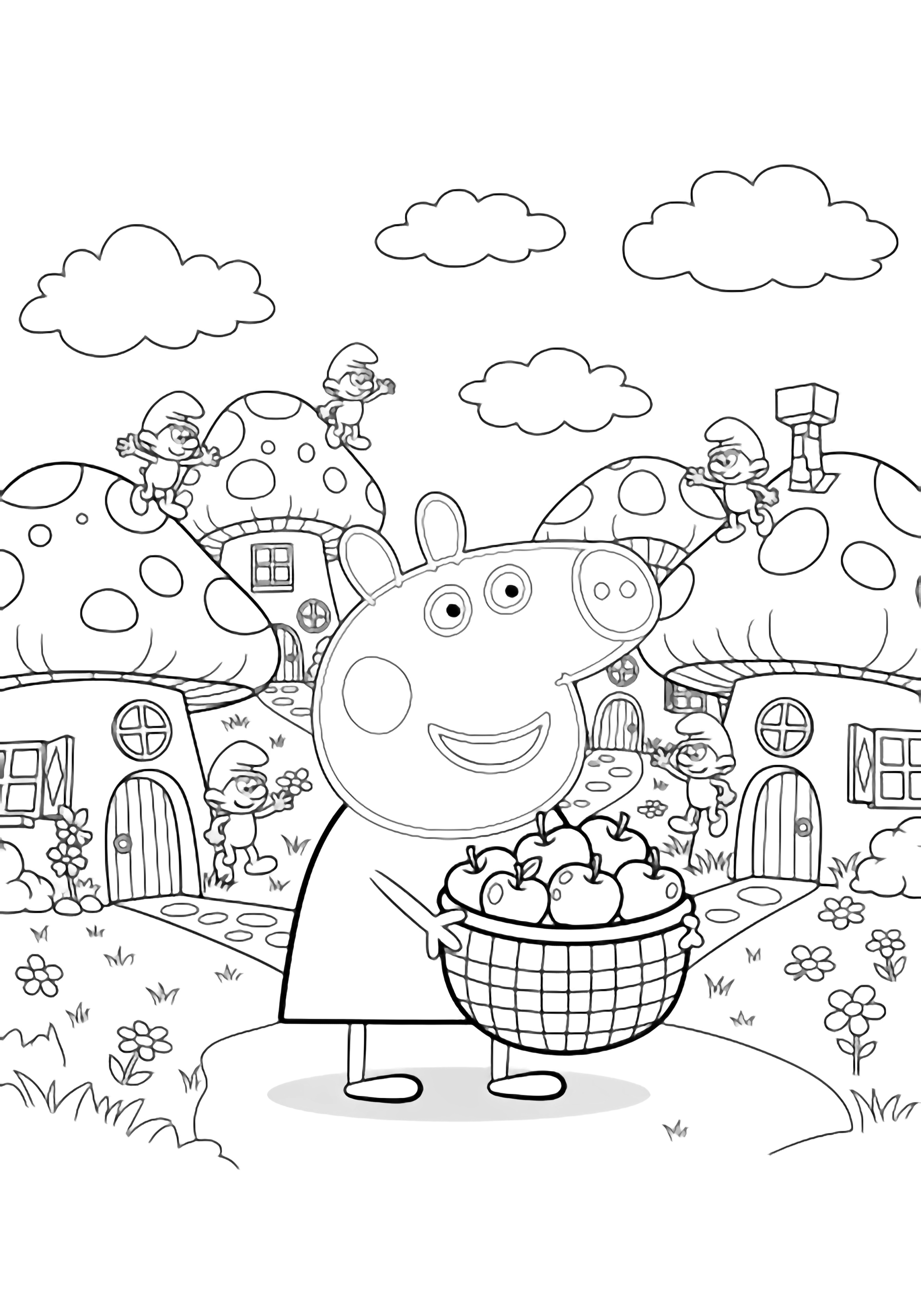 Peppa Pig smiles in Smurf Village holding an apple basket; tiny smurfs wave from mushroom houses, clouds above, simple path and flowers. kleurplaat