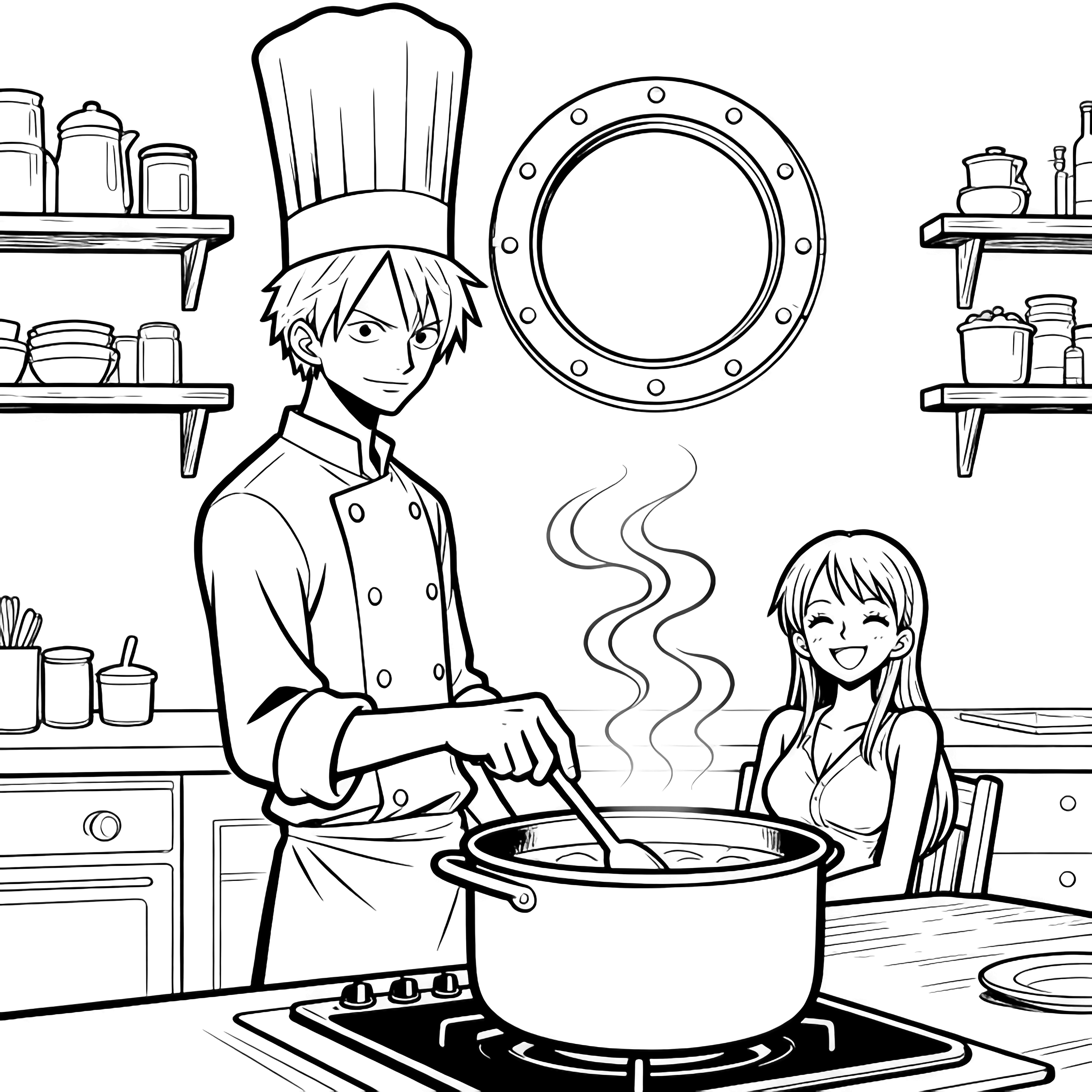 Sanji roert in een pot op het fornuis, hoge koksmuts op; Nami glimlacht aan tafel, keukenplanken achter haar, patrijspoort erboven, stijgend stoom. kleurplaat