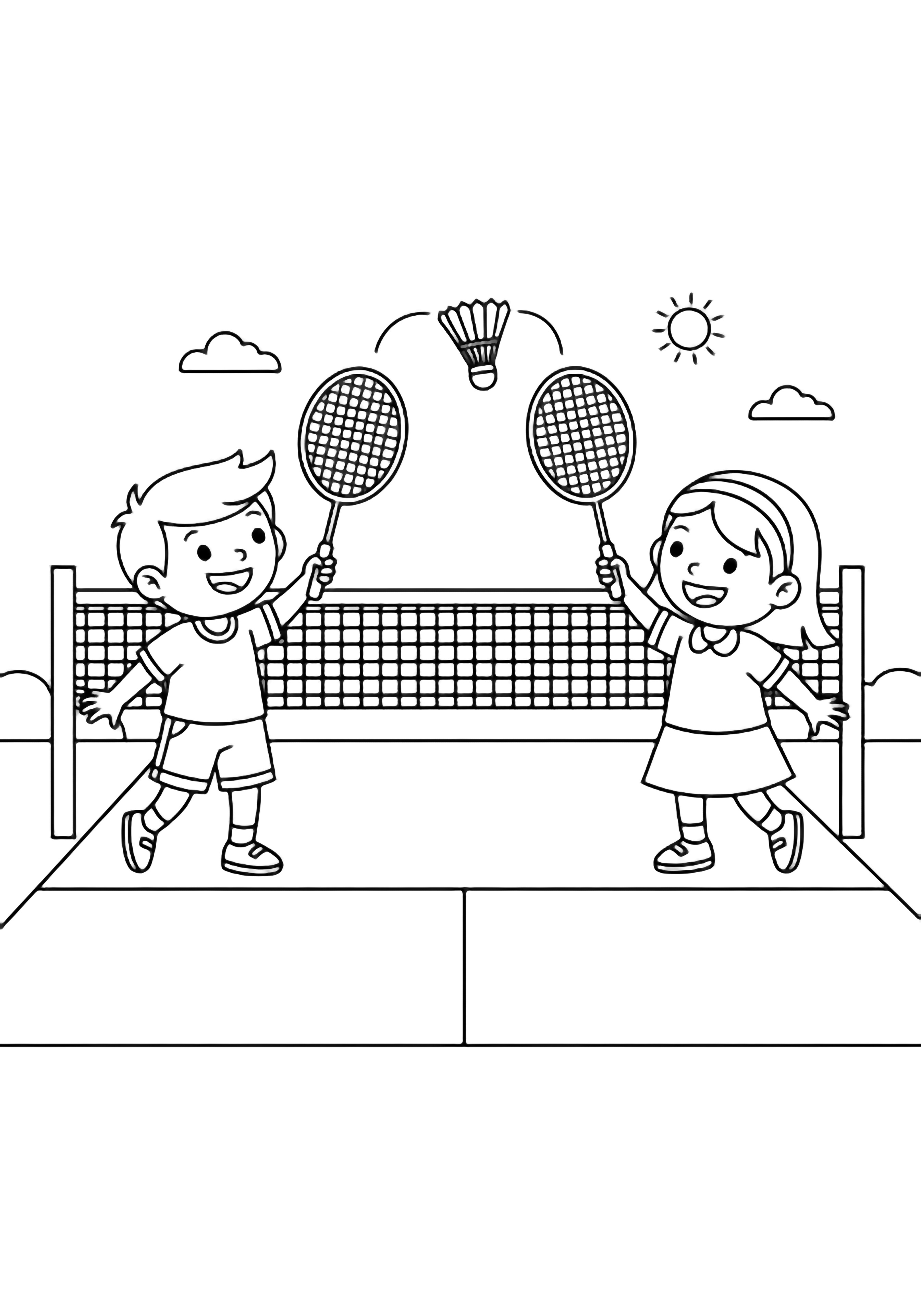 Two smiling kids face off on a badminton court, rackets raised to a hovering shuttlecock, with a net, ground line, small sun and clouds. kleurplaat