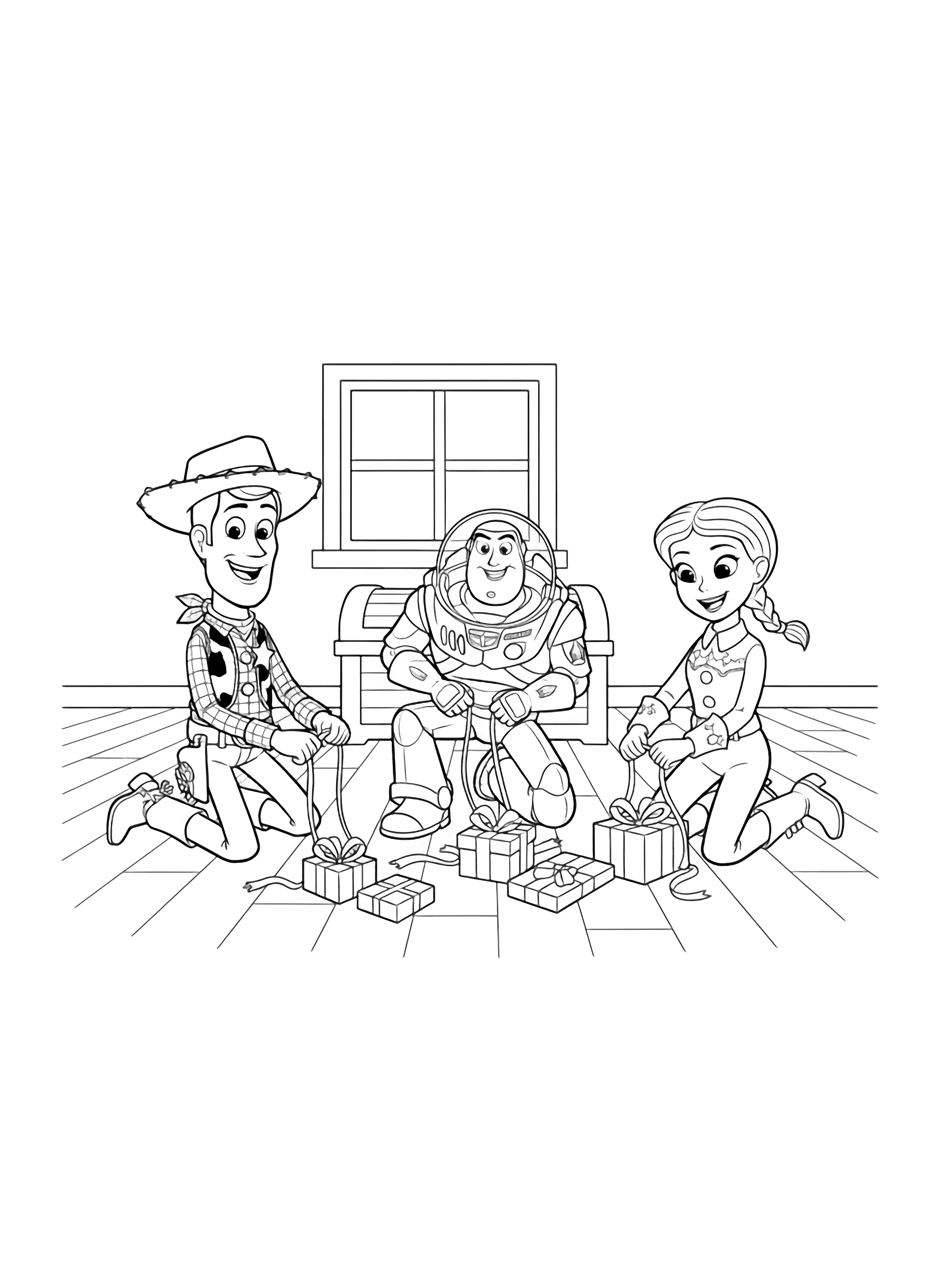 Three toy heroes-cowboy, space ranger, cowgirl-kneel on plank floor, smiling as they pull ribbons from small boxes; window and toy chest behind. kleurplaat
