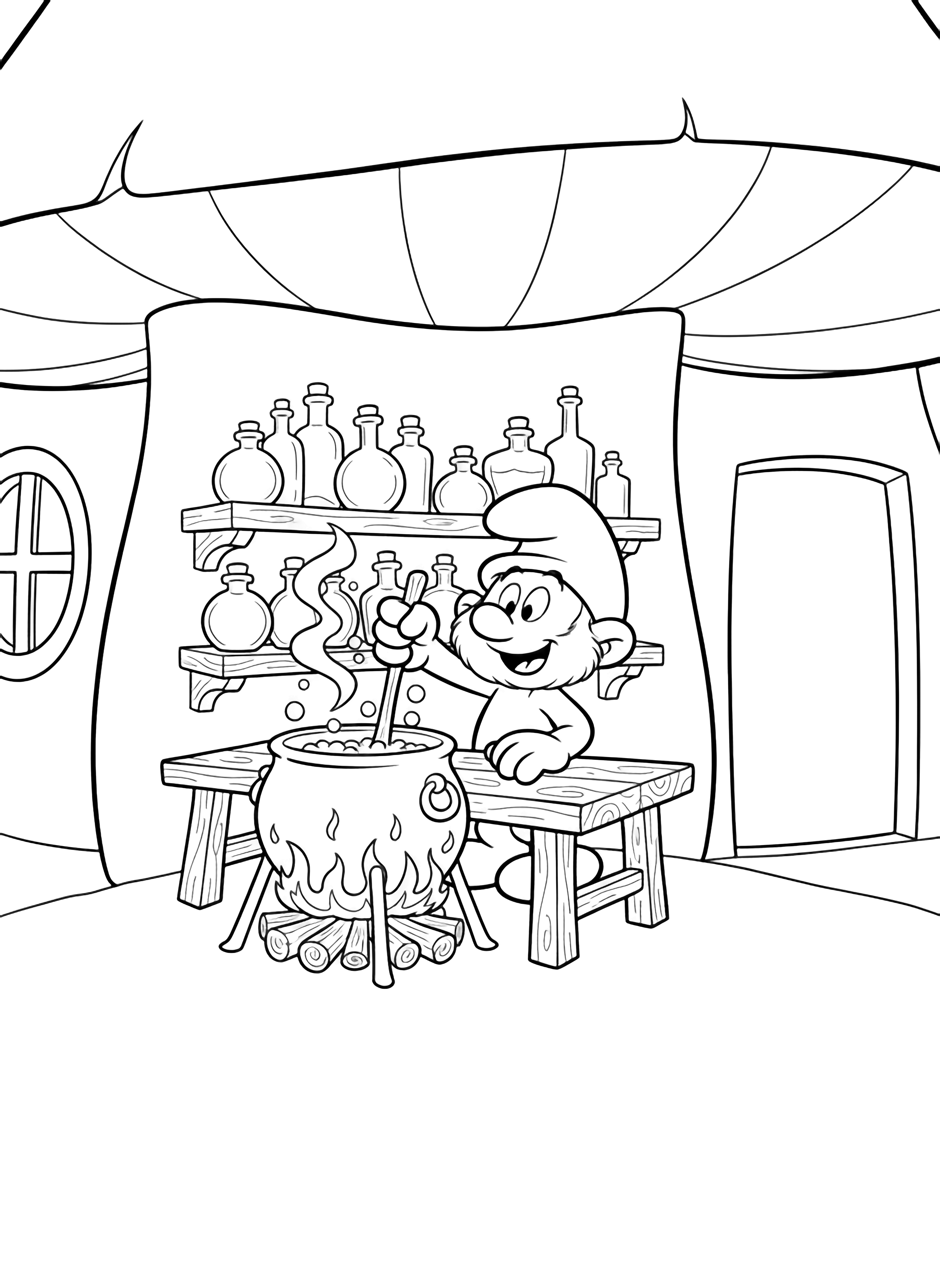 Papa Smurf stirs a cauldron at a wooden table inside a tall mushroom house, shelves of empty bottles behind him, window and door framing the cozy scene. kleurplaat
