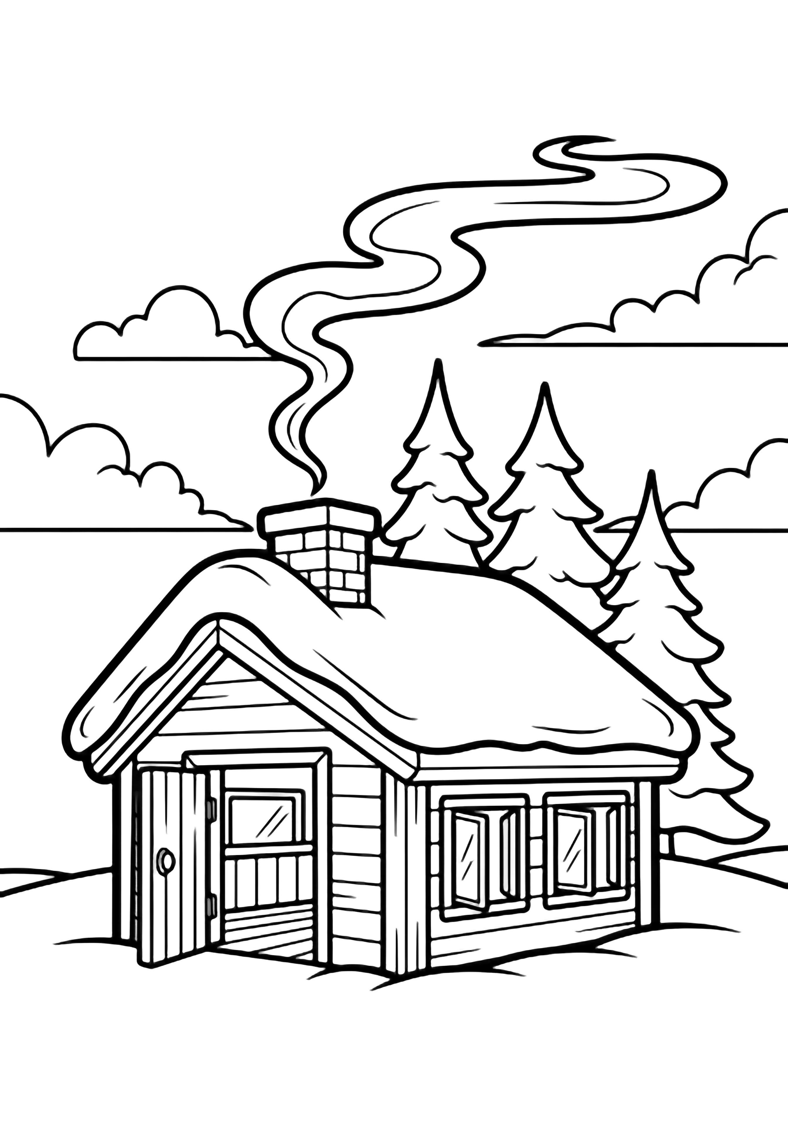 A cozy cabin with snow-topped roof, open door and windows, chimney smoke curling up, surrounded by pine trees and drifting clouds. kleurplaat