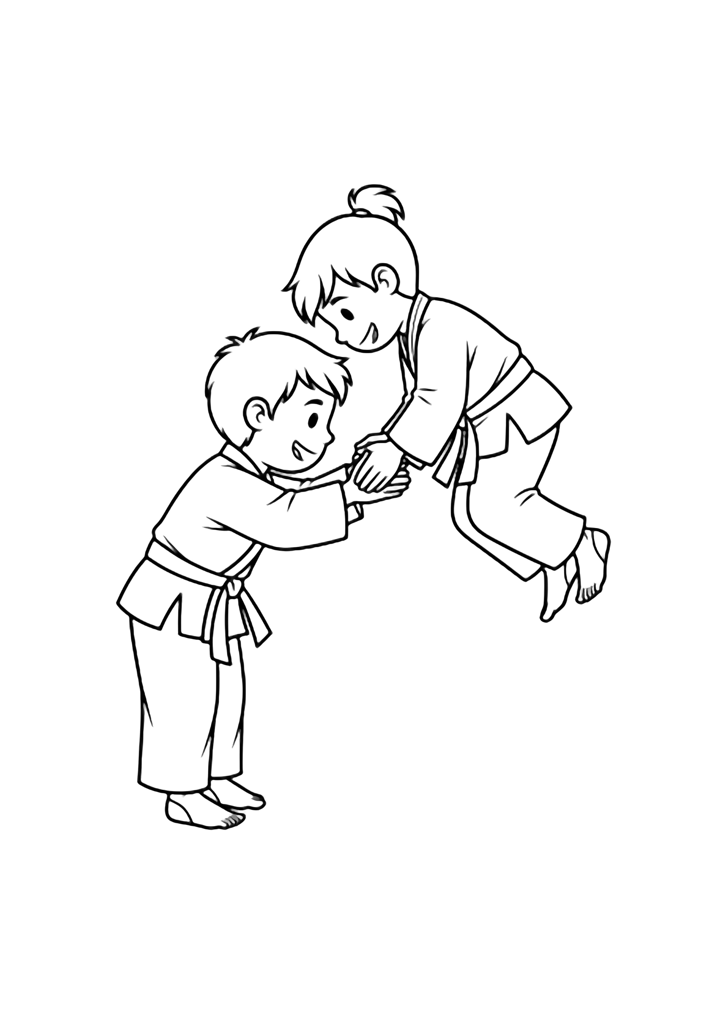 Two smiling children in judo uniforms bow, one gently flipping the other in a simple hold. kleurplaat