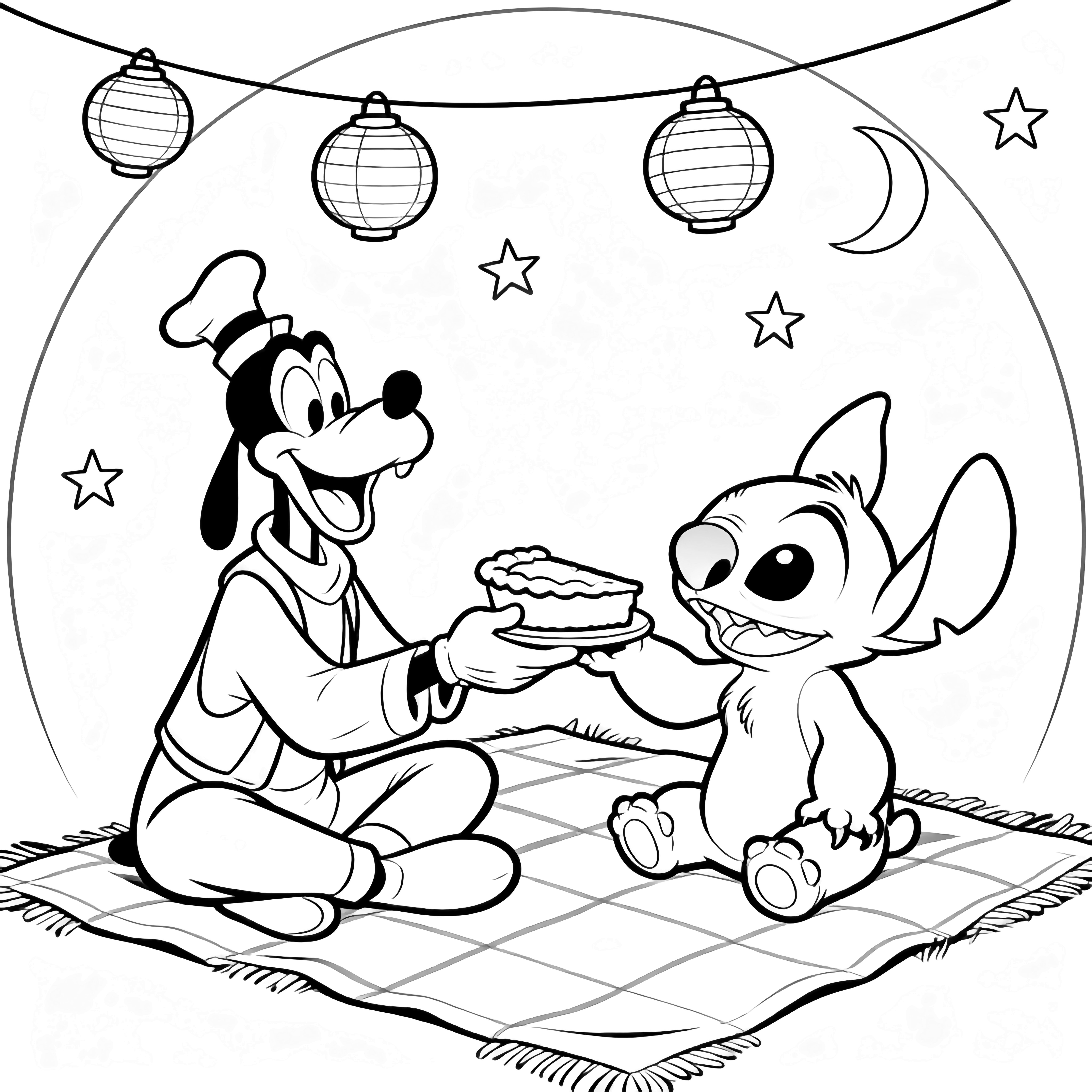 Goofy en Stitch zitten met gekruiste benen op een picknickdeken, terwijl ze een punt taart delen onder hangende lantaarns, sterren en een halve maan. kleurplaat