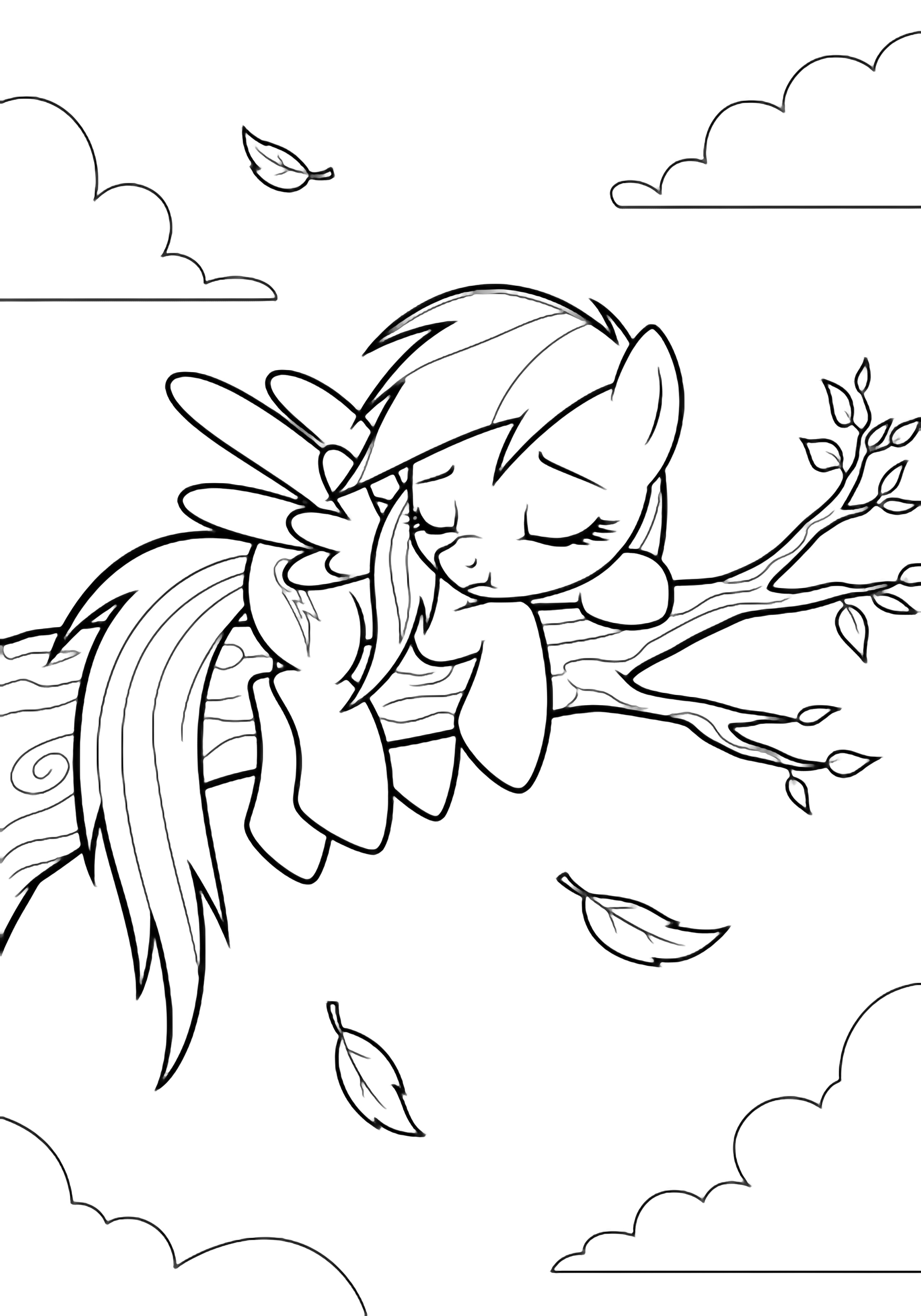 Rainbow Dash, wings folded, asleep on a sturdy branch with drifting leaves, minimal clouds and twigs behind kleurplaat