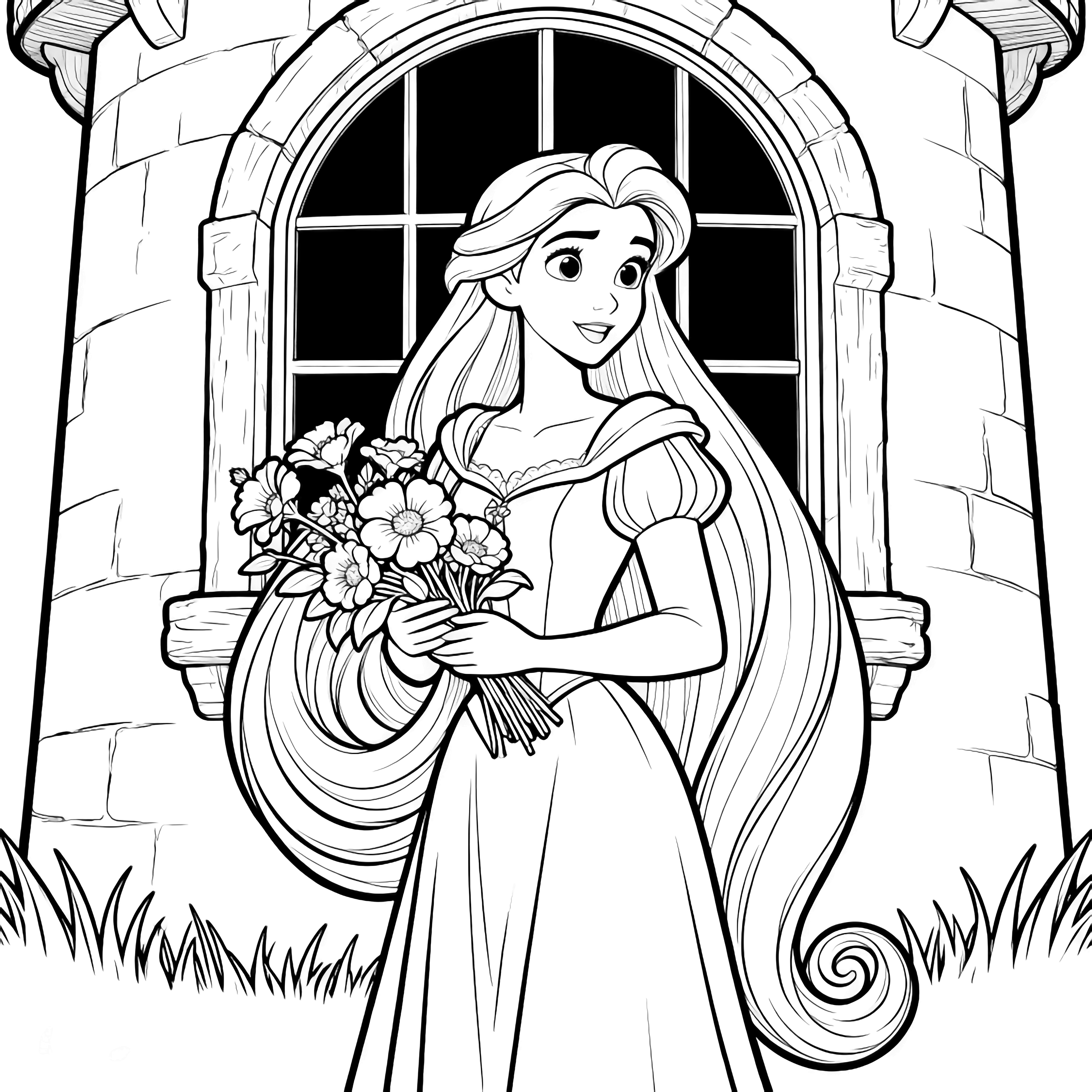 Rapunzel stands centered; her long hair spirals into blooming flowers, a tower window behind, grass below. kleurplaat
