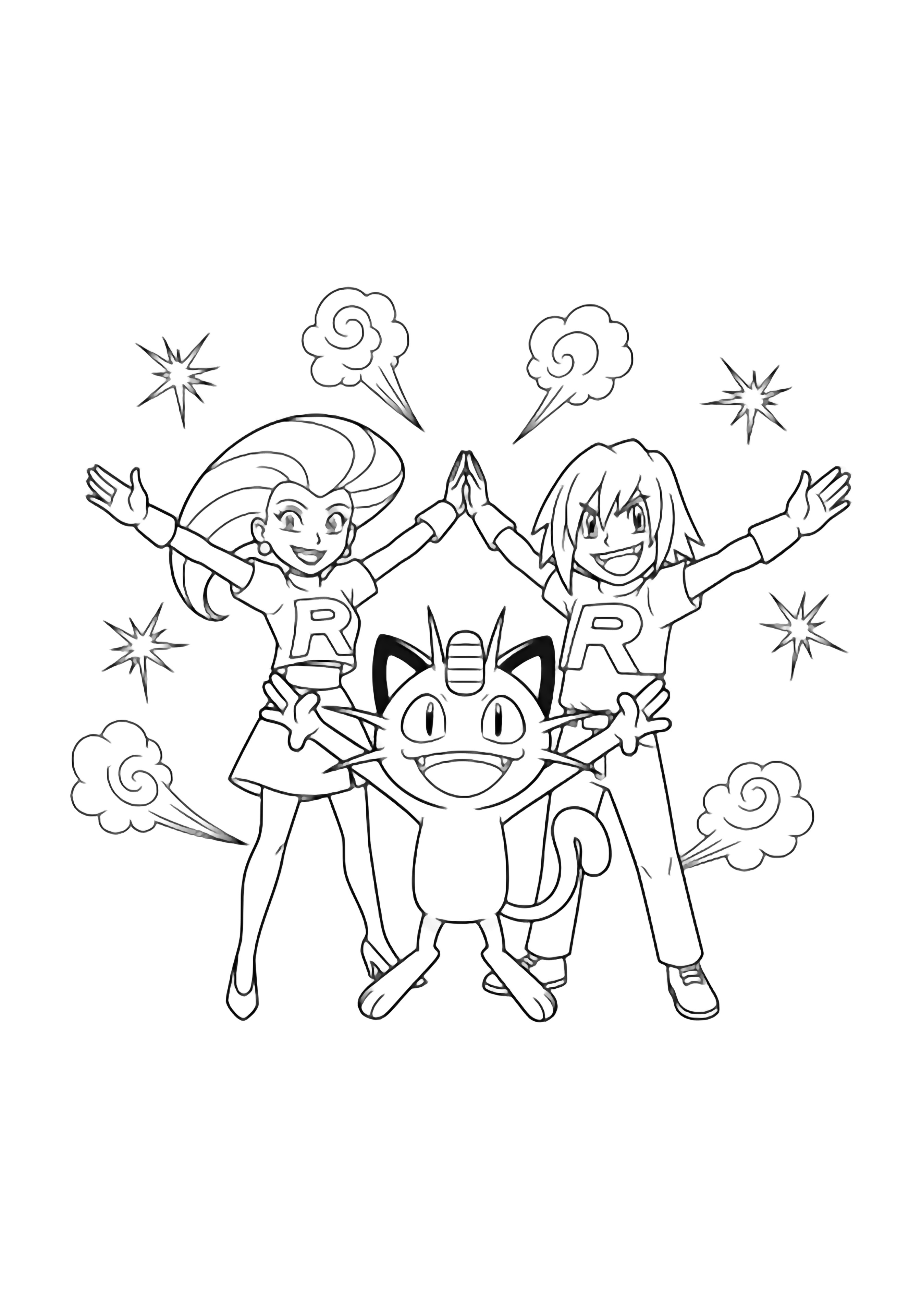 Jessie, James, and Meowth strike a V-pose with wide grins, spark stars and swirling smoke behind them. kleurplaat