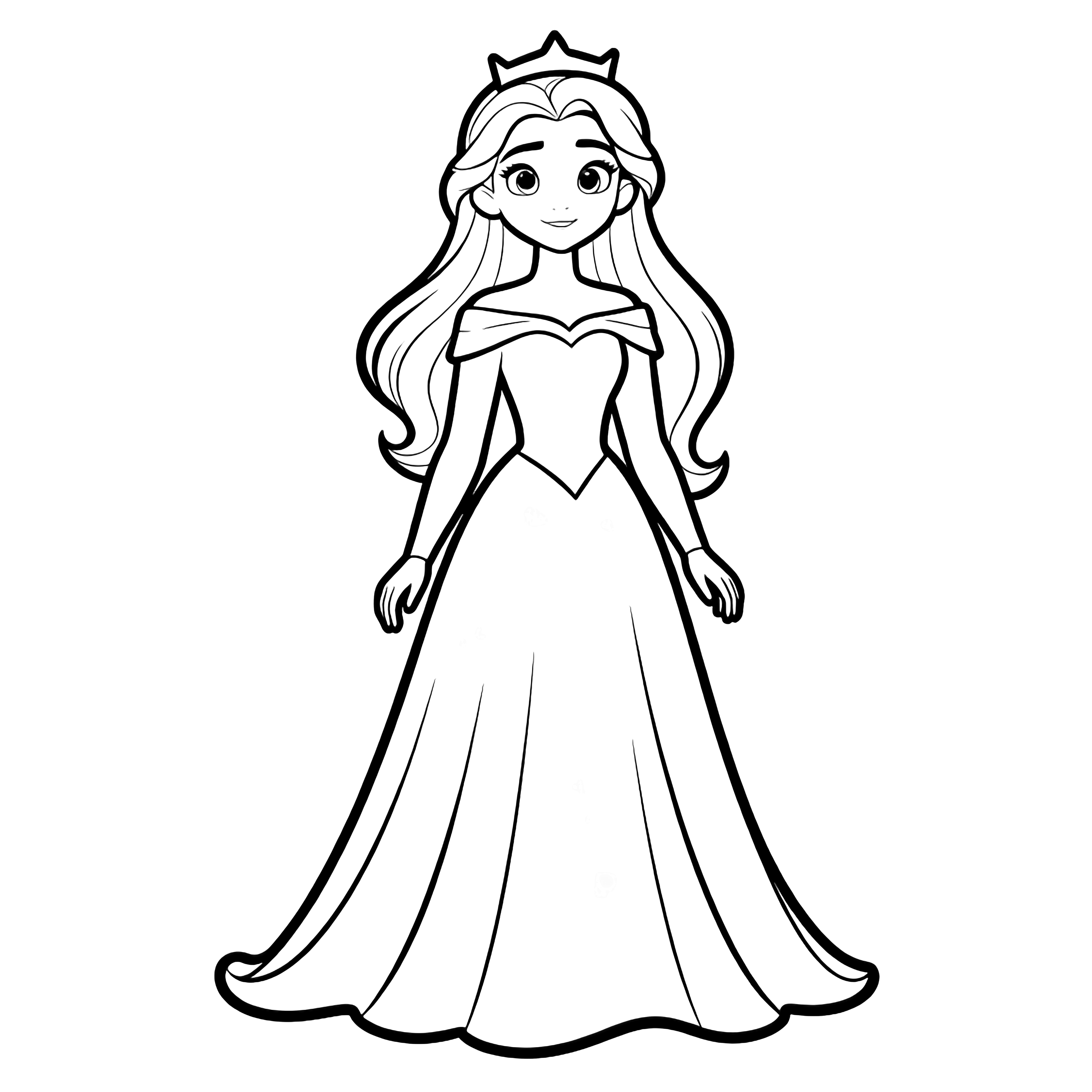 Aurora stands centered, arms relaxed, long hair drifting, gown hem curved, wearing a slender crown, no background. kleurplaat
