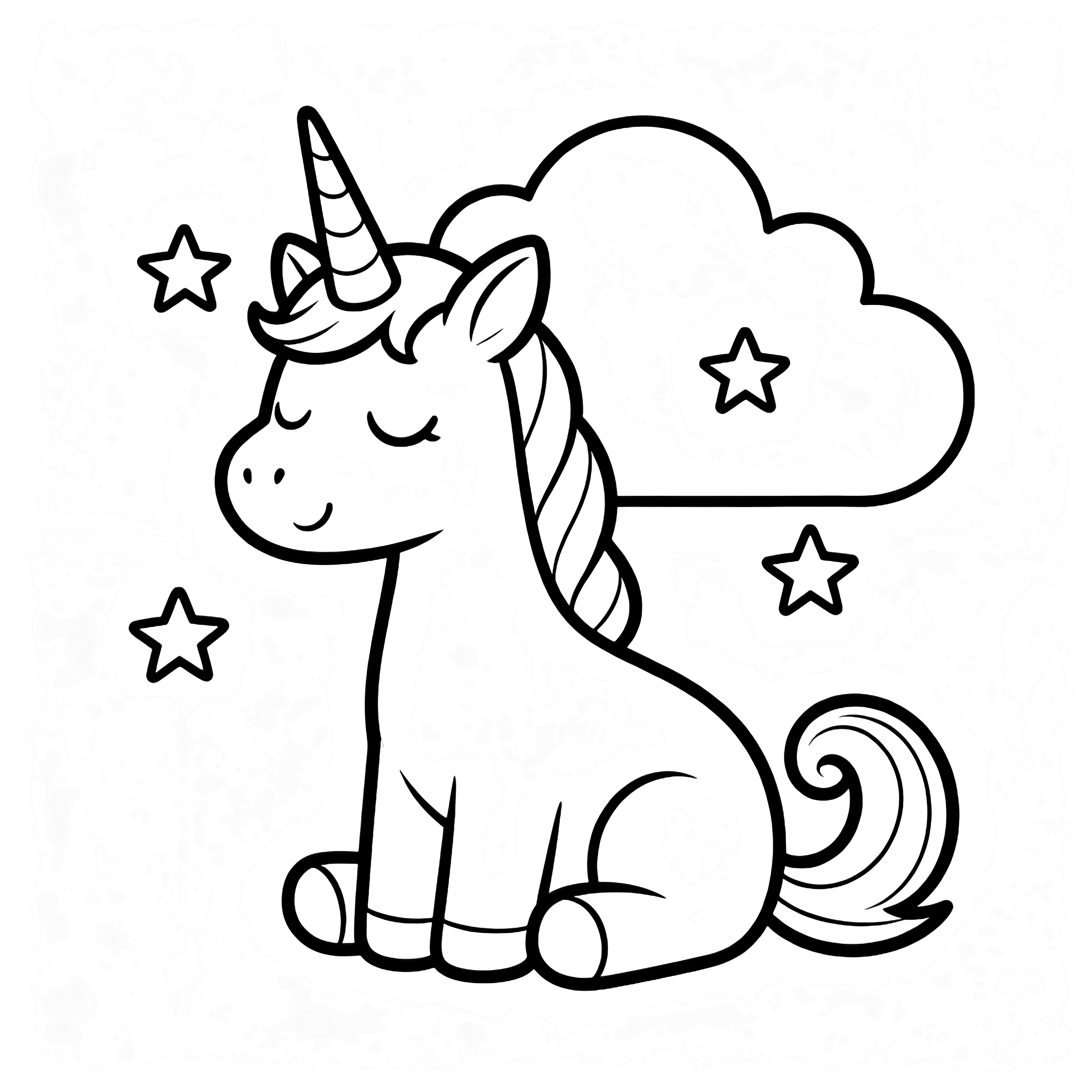 A smiling unicorn sits contentedly with closed eyes and curled tail, simple cloud and stars behind kleurplaat