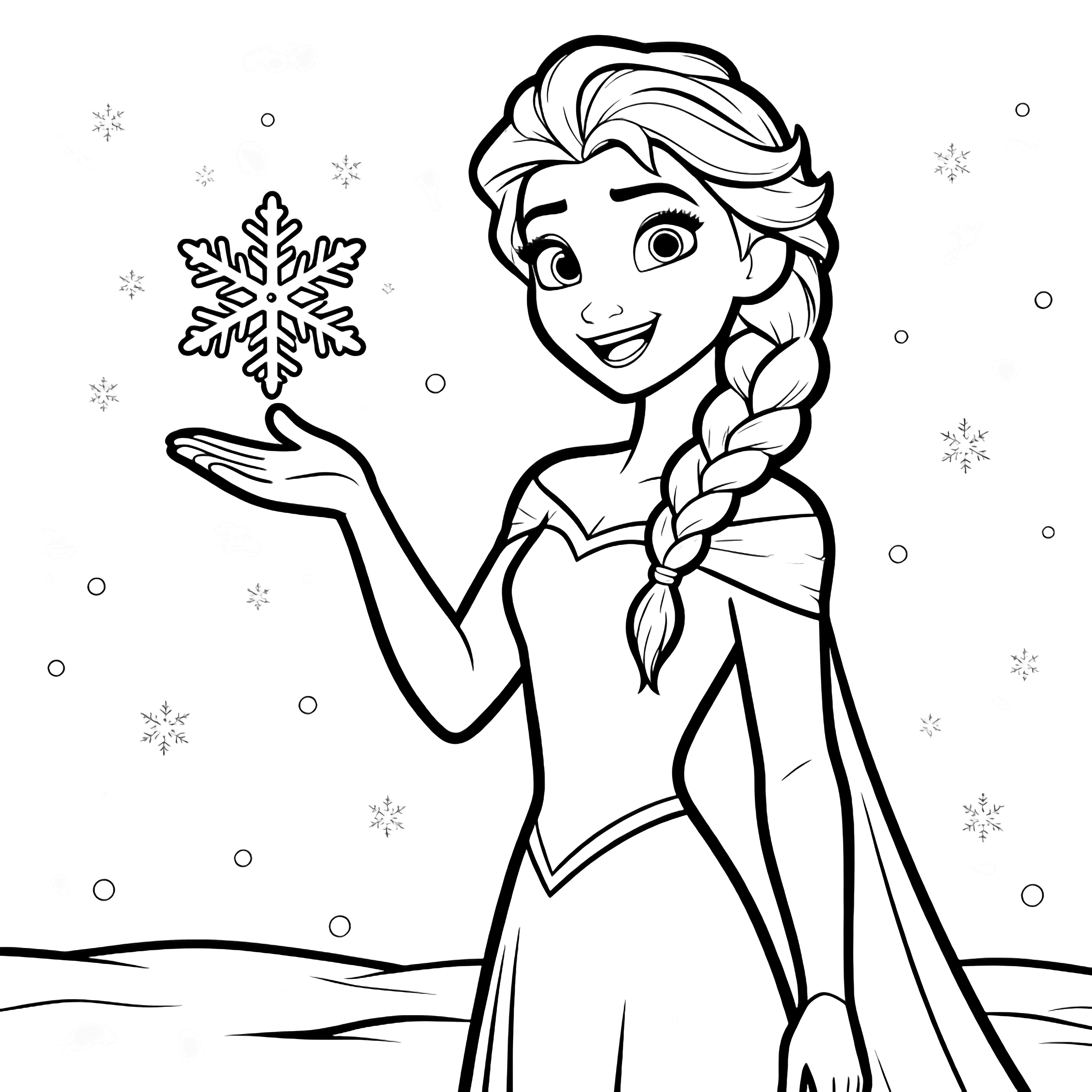 Elsa smiling, palm up, large snowflake hovering above her hand; braid drifting, snowy ground, tiny flurries swirling. kleurplaat