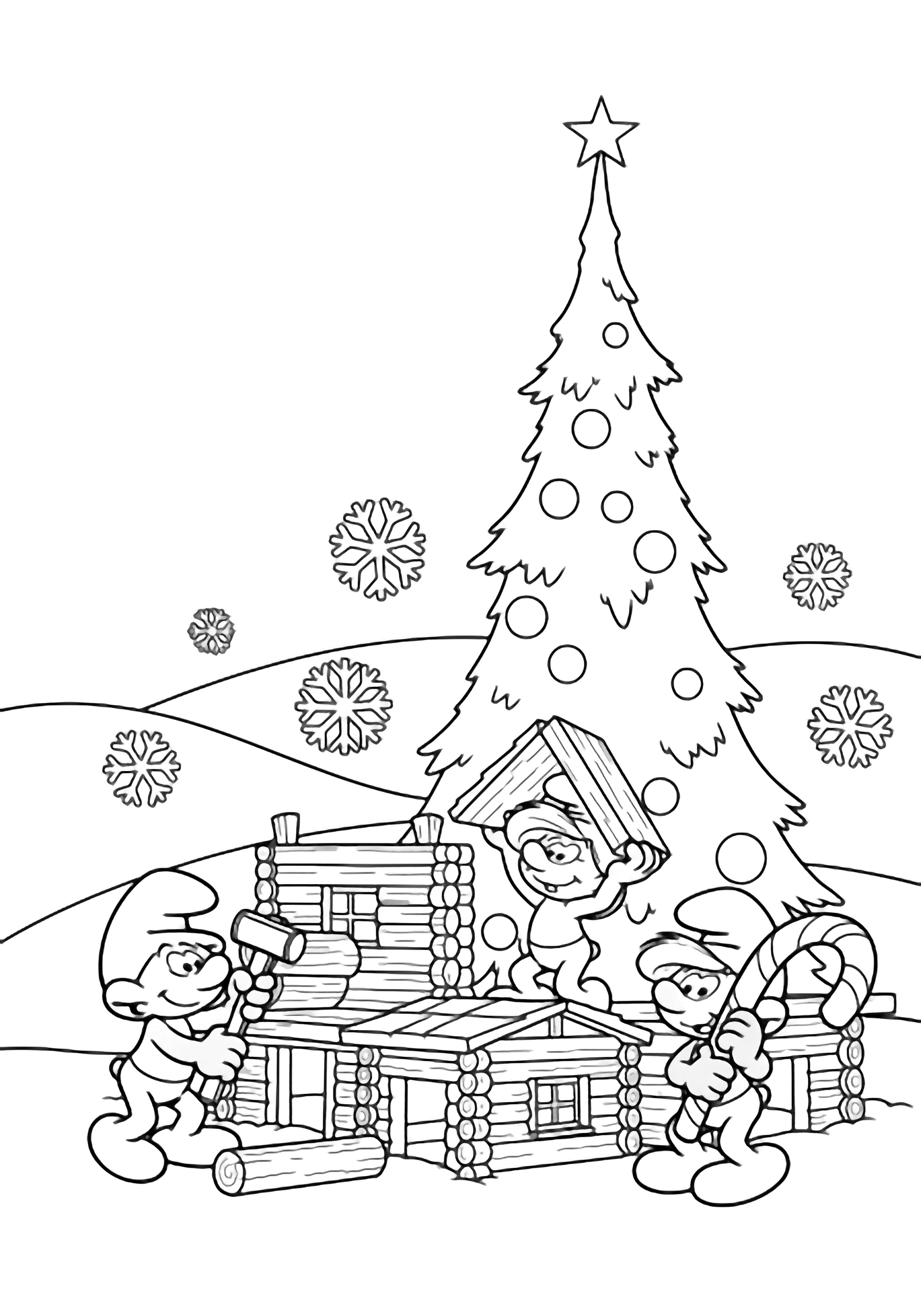 Three Smurfs build log cabins beside a tall star-topped Christmas tree; one hammers, one holds a roof, one carries a candy cane, with snowy hills and falling snowflakes around them. kleurplaat