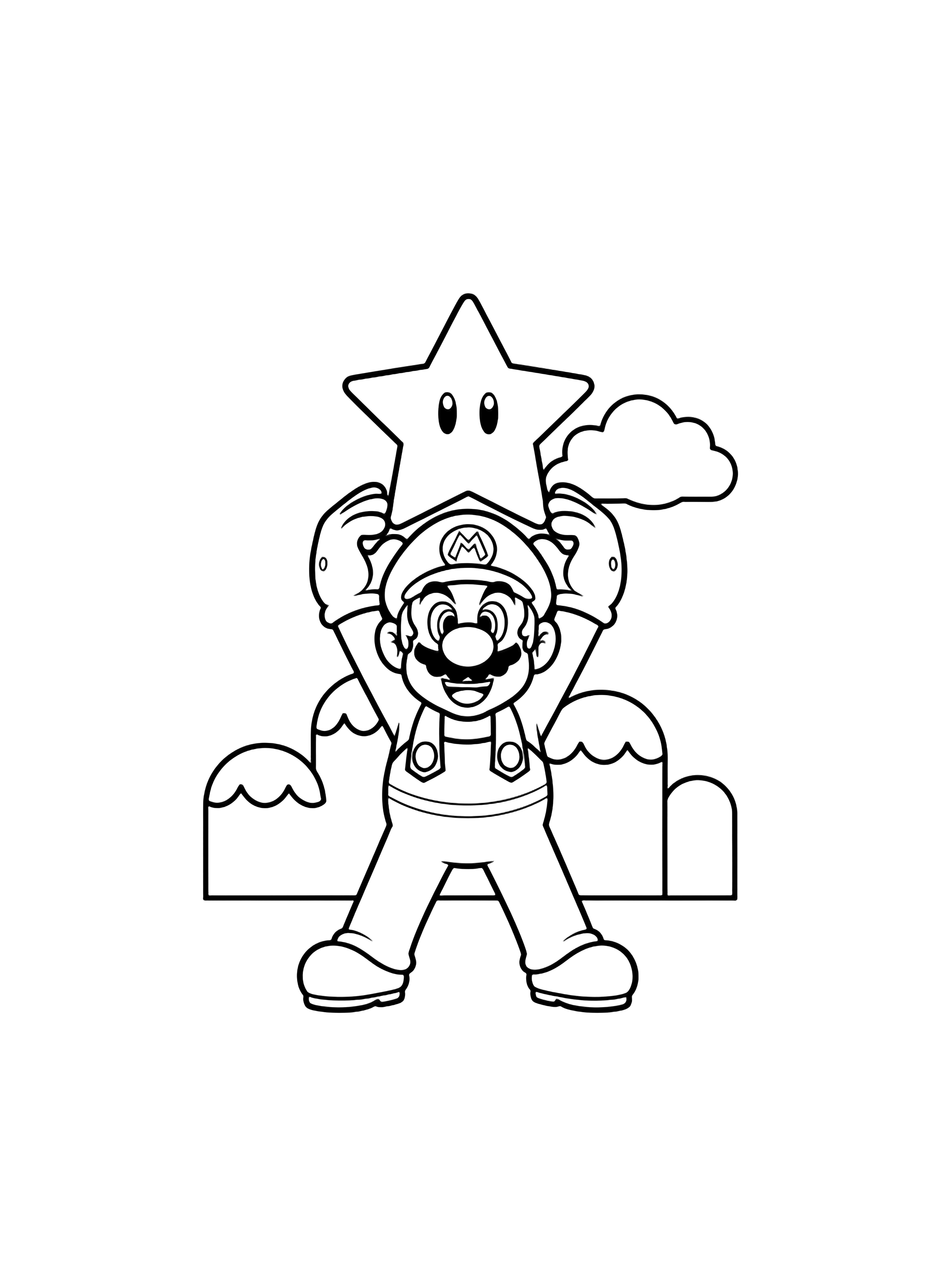Mario stands centered, legs apart, smiling as he holds up a large star in both hands; simple hills and a cloud behind him. kleurplaat