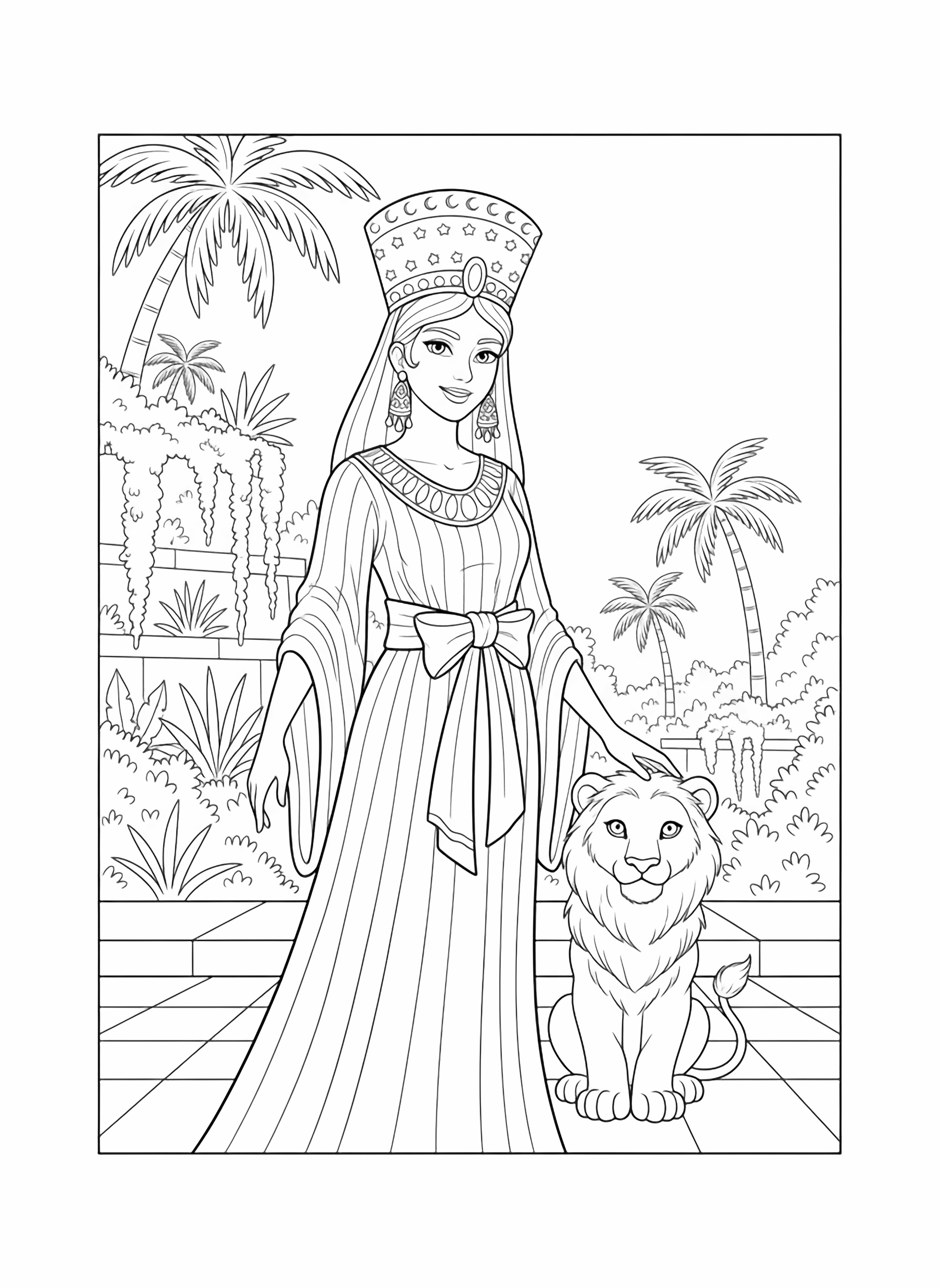 A black and white page of a smiling Babylonian princess She wears a tall tiered crown decorated with tiny star and moon patterns long dangling earrings and a flowing striped robe tied with a wide sash She stands gracefully on the tall hanging gardens one hand resting on the head of a gentle lion cub clean black and white line drawing minimal shading no colour no fill kleurplaat