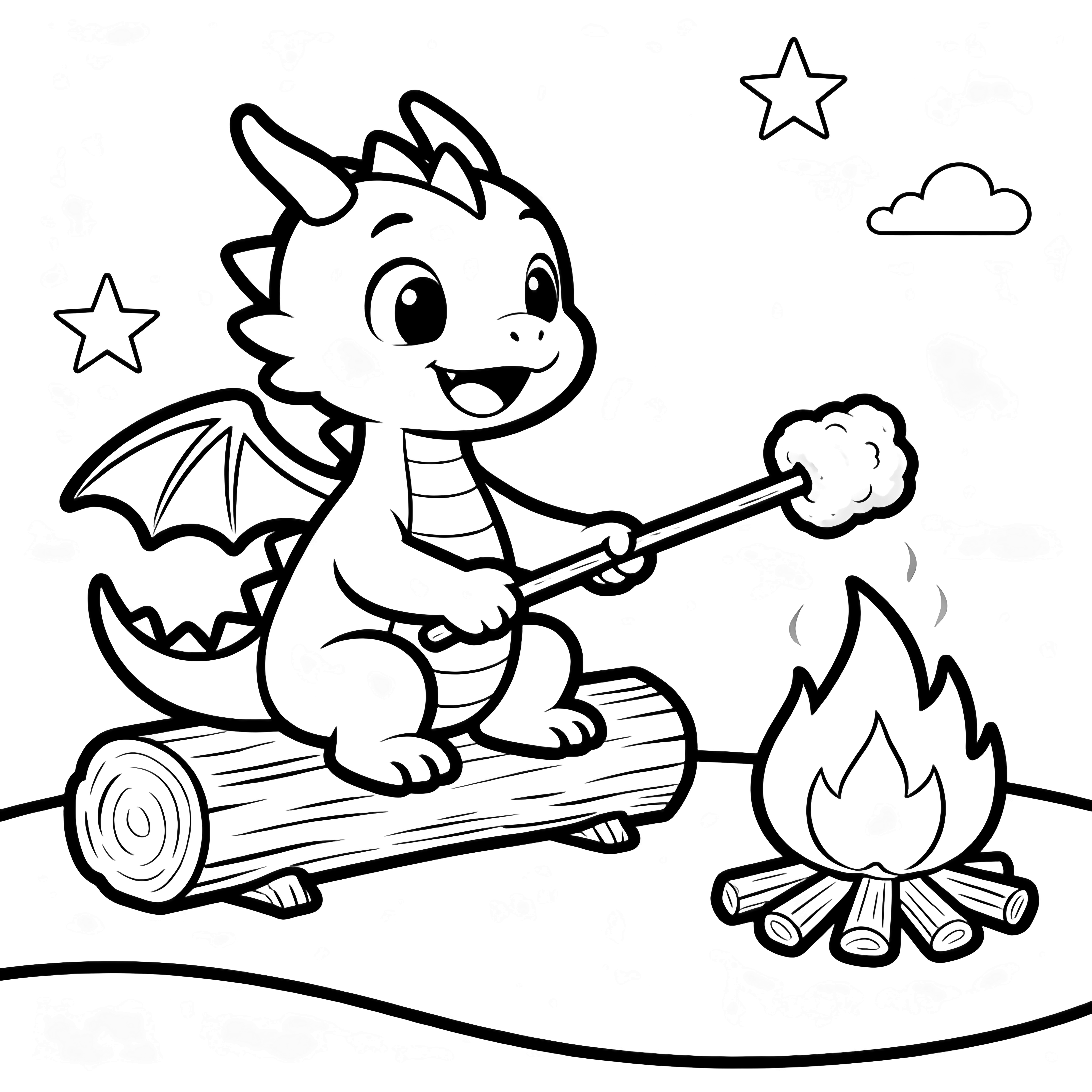 A cheerful baby dragon sits on a log, roasting a marshmallow over a small campfire beneath stars and clouds. kleurplaat