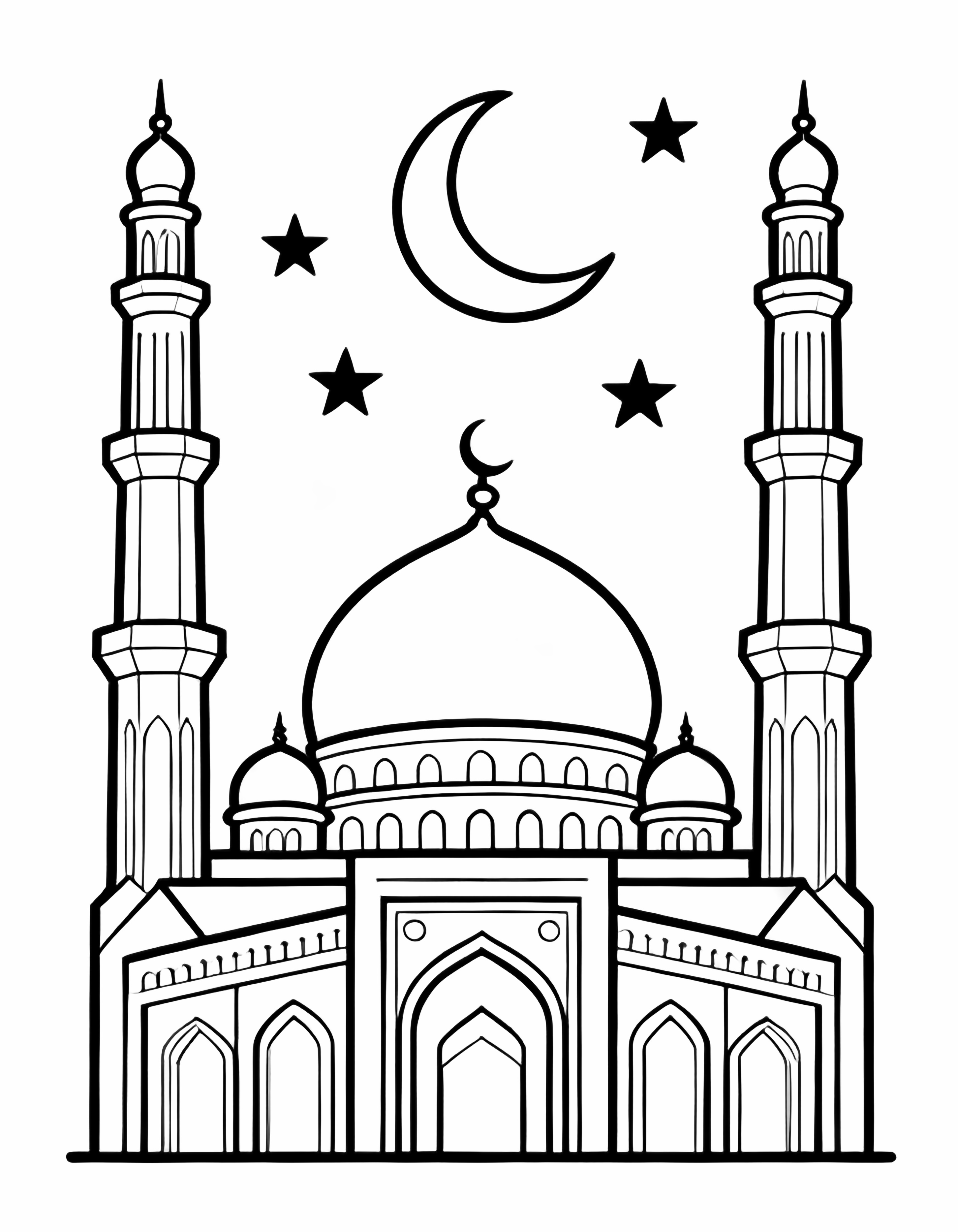 Detailed mosque with tall minarets, crescent moon, and simple stars. kleurplaat