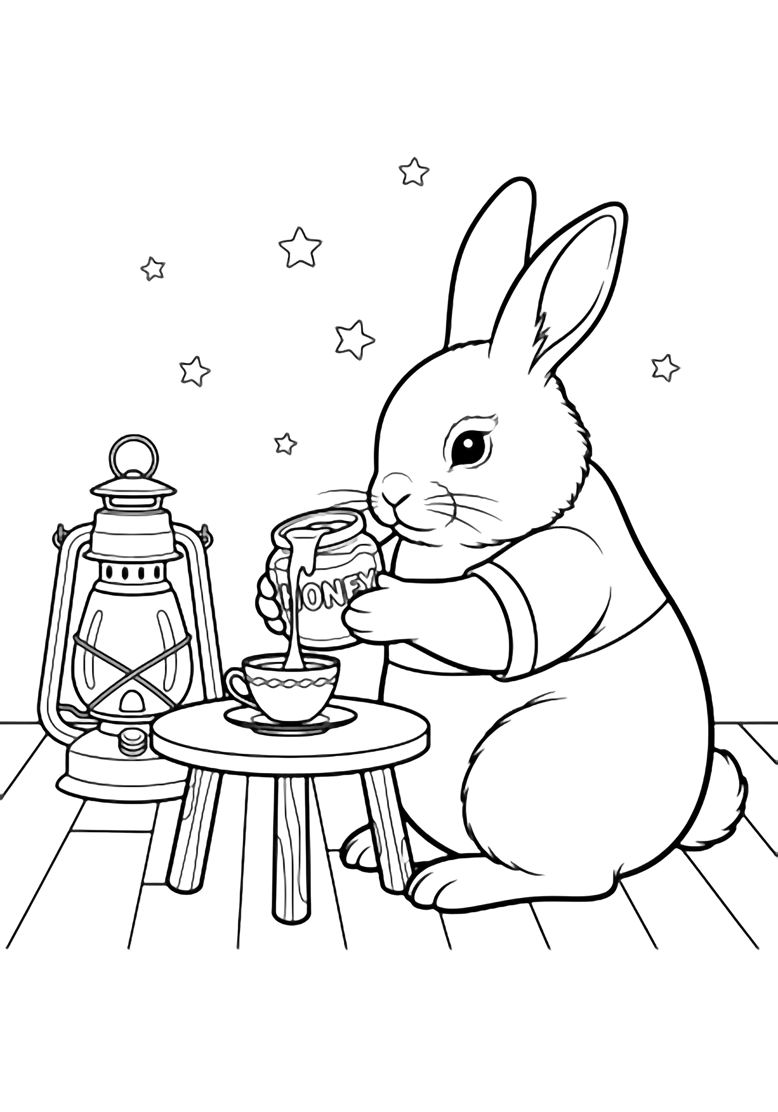Plump bunny tipping honey into a teacup on a tiny table, lantern behind, wooden floorboards, stars above. kleurplaat