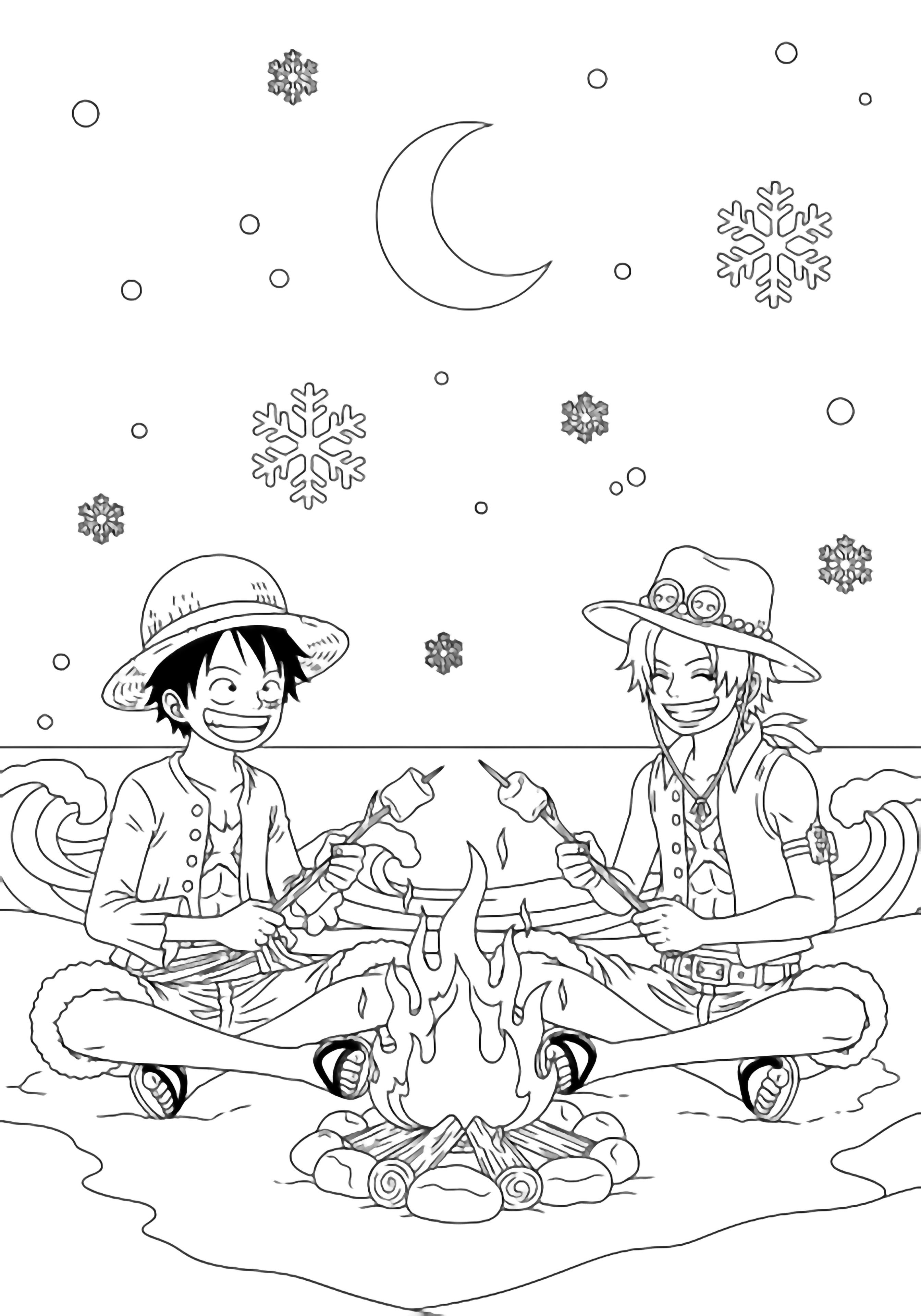 Luffy and Ace sit cross-legged on a snowy beach, roasting marshmallows over a campfire, with waves, snowflakes, and a crescent moon around them. kleurplaat