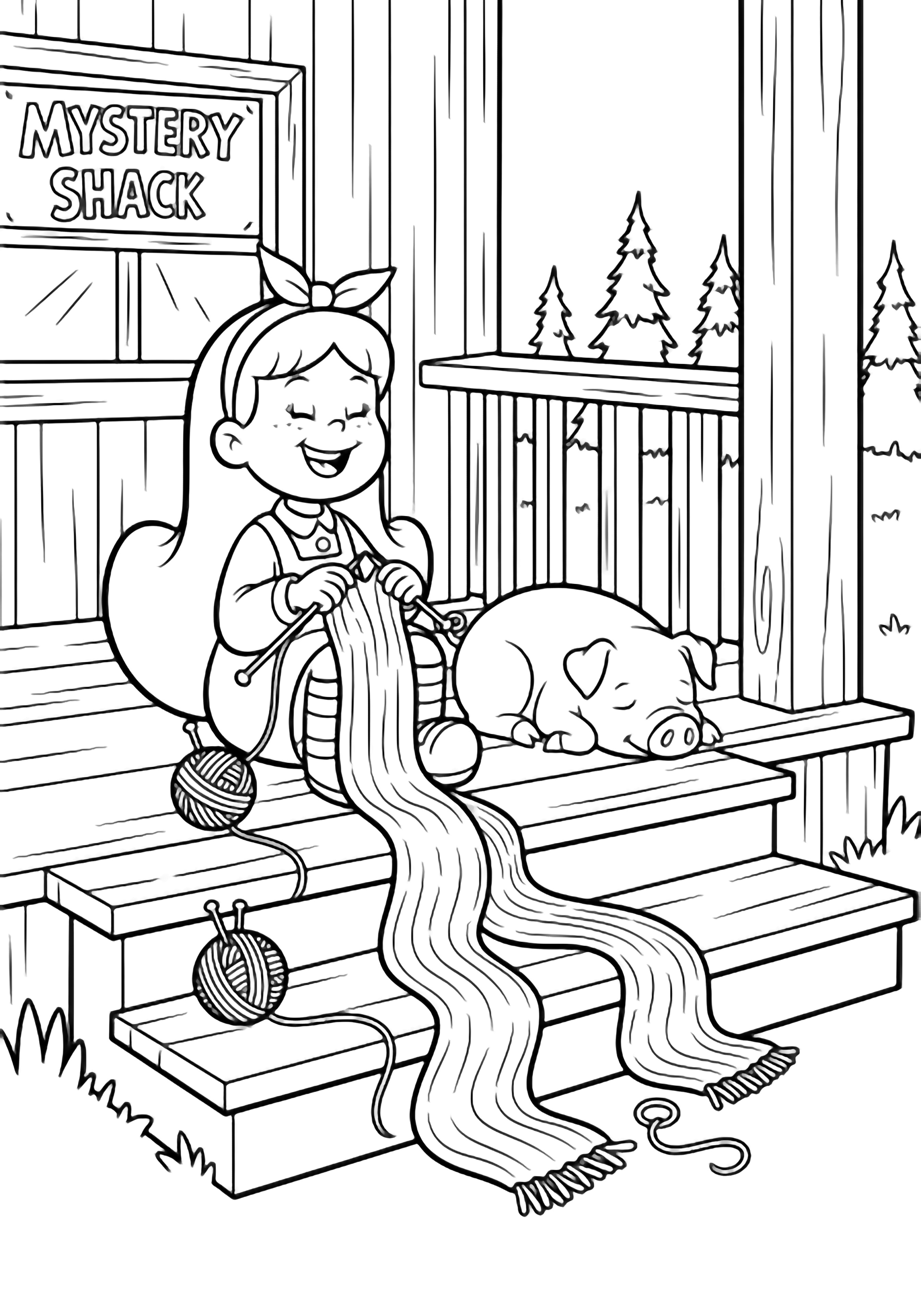 Mabel sits on porch steps knitting a long scarf; Waddles the pig sleeps beside her, yarn ball and needles nearby, wooden boards, railing, and pine trees behind. kleurplaat