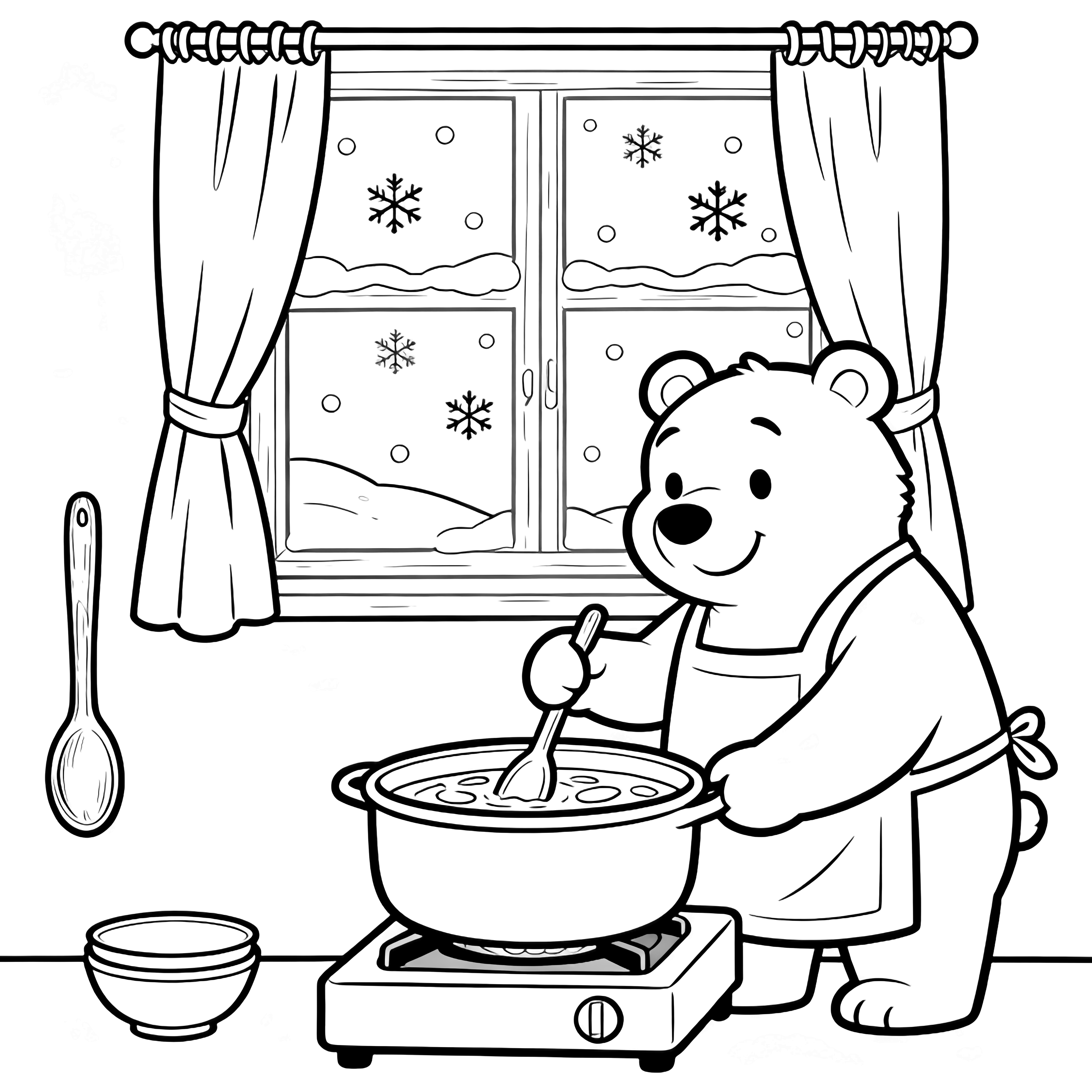 A cheerful bear in an apron stirs soup at a stove; snowflakes drift past a curtained window, with a wooden spoon and stacked bowls nearby. kleurplaat